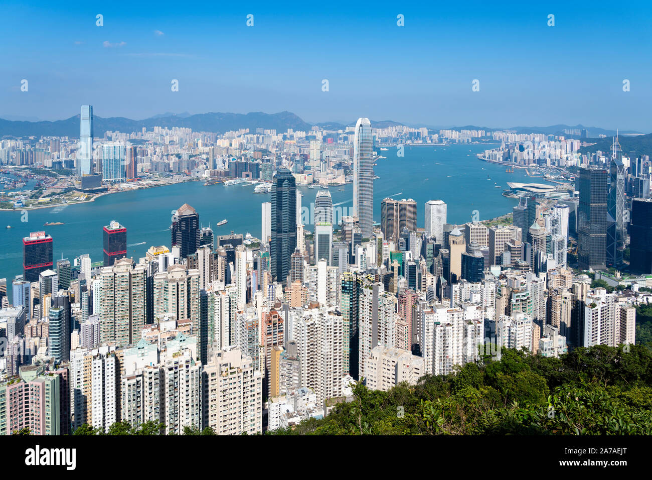 Il giorno dello skyline di Hong Kong dal picco di Hong Kong, Cina Foto Stock