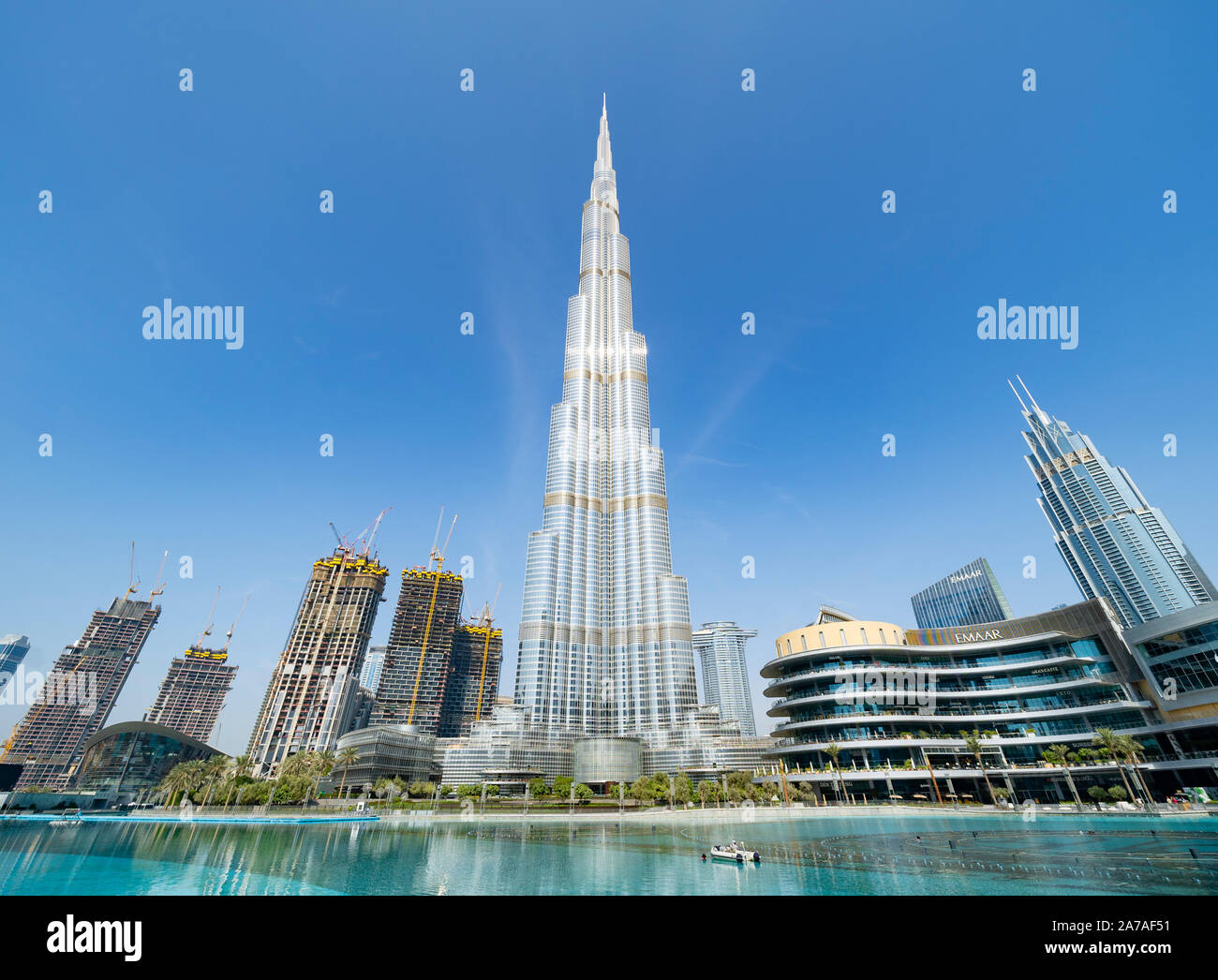 Vista del Burj Khalifa grattacielo nel centro cittadino di Dubai, Emirati Arabi Uniti Foto Stock