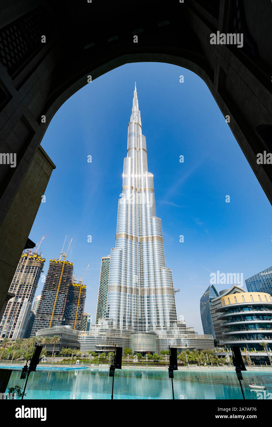Vista del Burj Khalifa grattacielo nel centro cittadino di Dubai, Emirati Arabi Uniti Foto Stock
