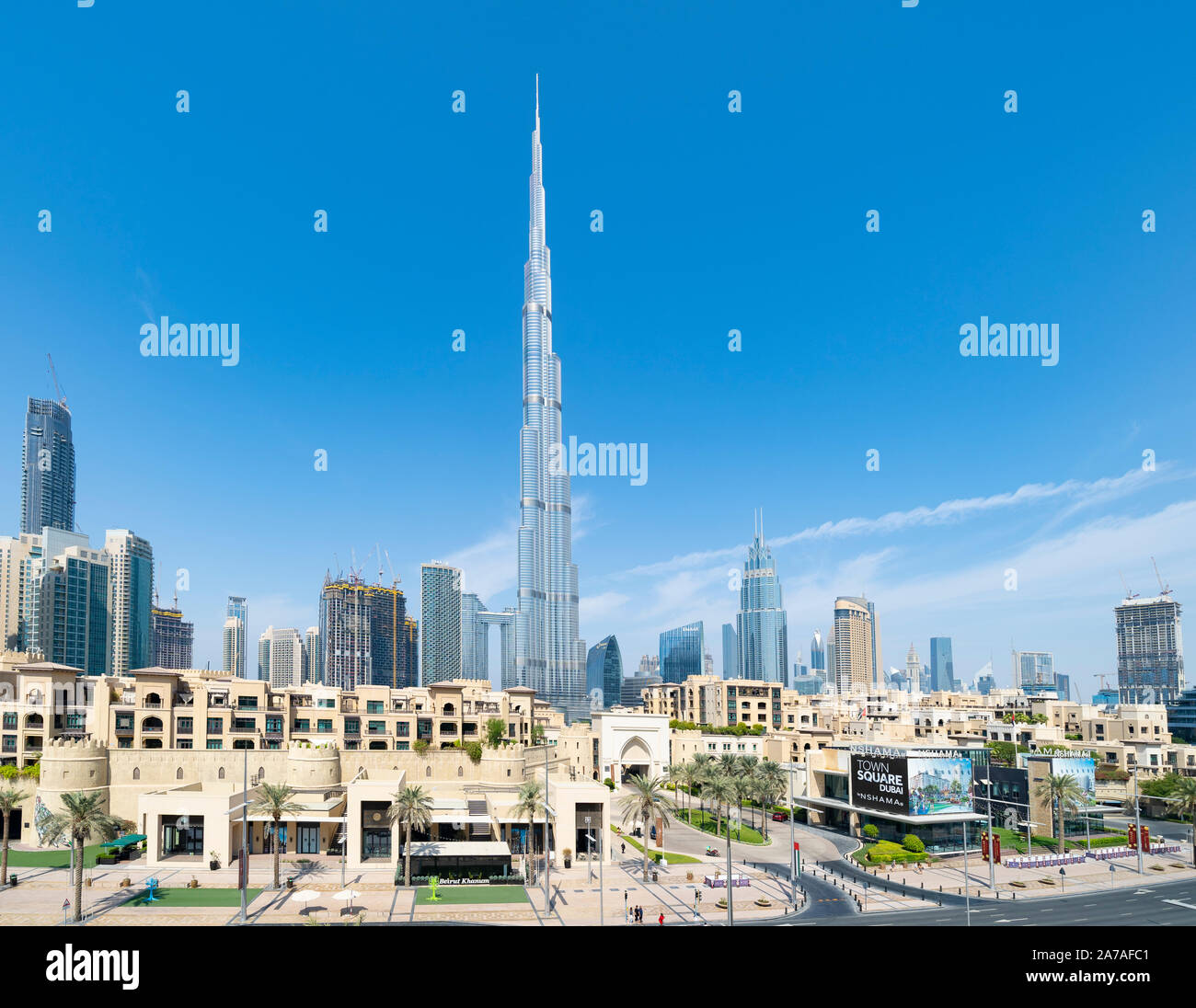 Vista del Burj Khalifa grattacielo nel centro cittadino di Dubai, Emirati Arabi Uniti Foto Stock
