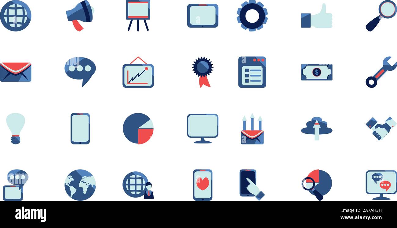 Social media e tecnologia icon set pack, alta qualità varietà simboli illustrazione vettoriale Illustrazione Vettoriale