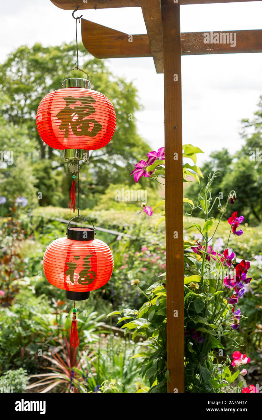 Due lanterne rosse in un giardino inglese sviluppato in stile Cinese nel Wiltshire, Inghilterra REGNO UNITO Foto Stock