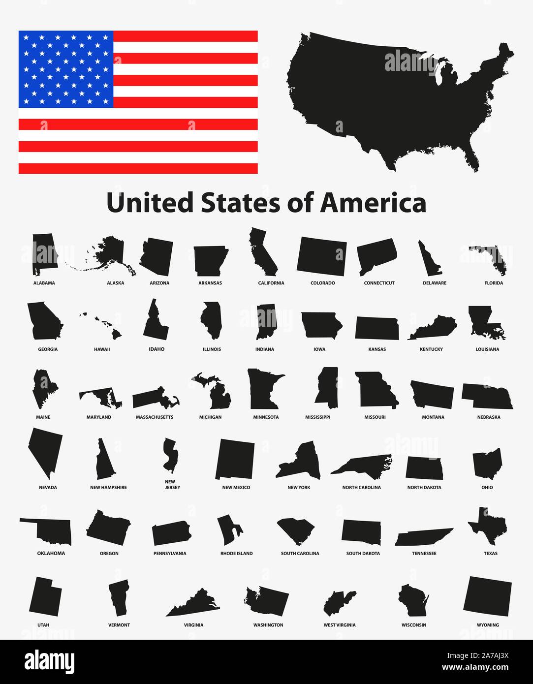 Set di black USA membri su sfondo bianco - illustrazione vettoriale. Semplice piatto mappa - Stati Uniti. Bandiera degli Stati Uniti, mappa generale e tutti i membri individualmente. Illustrazione Vettoriale