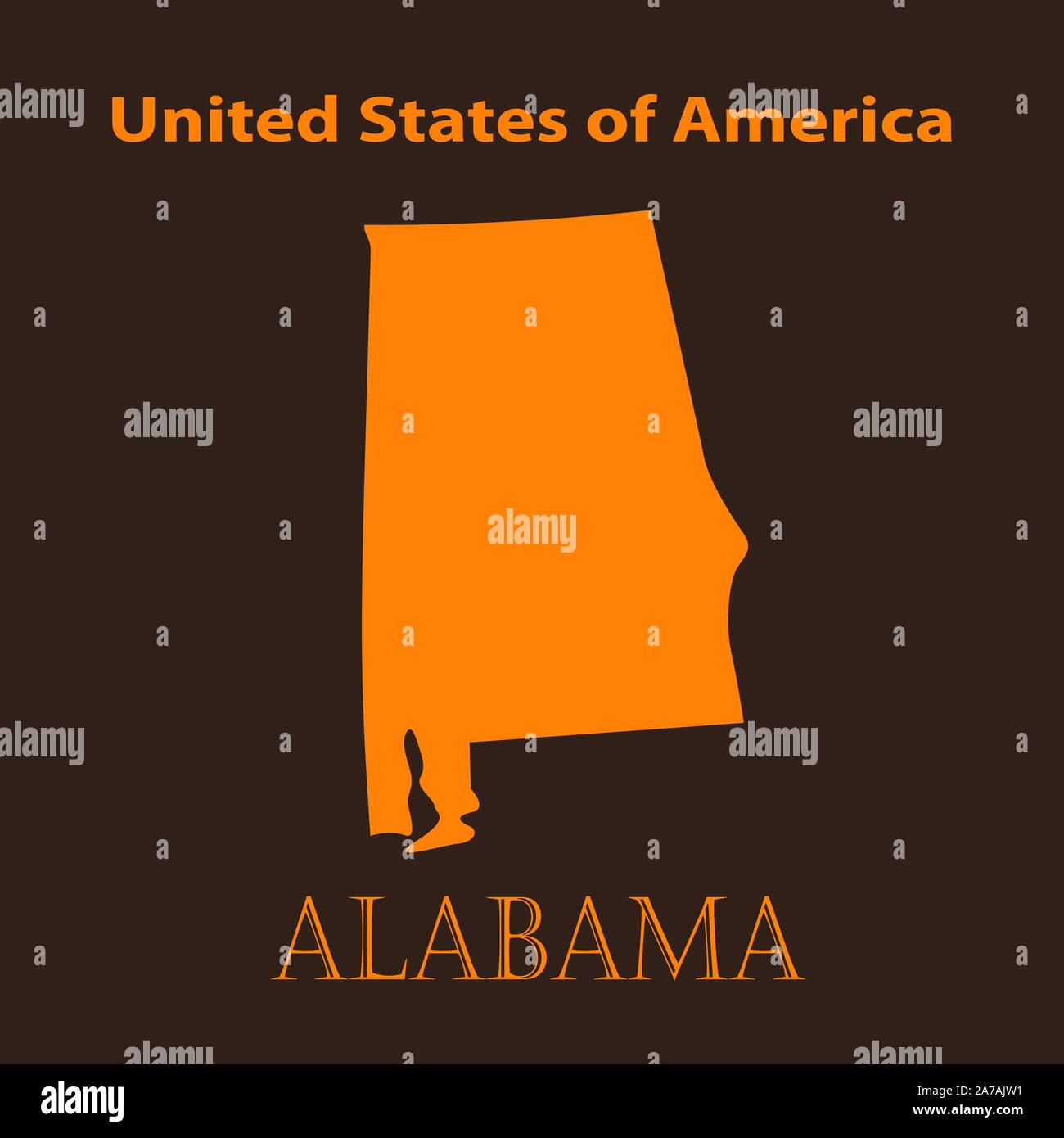 Orange Alabama mappa - illustrazione vettoriale. Semplice piatto mappa di Alabama su uno sfondo di colore marrone. Illustrazione Vettoriale