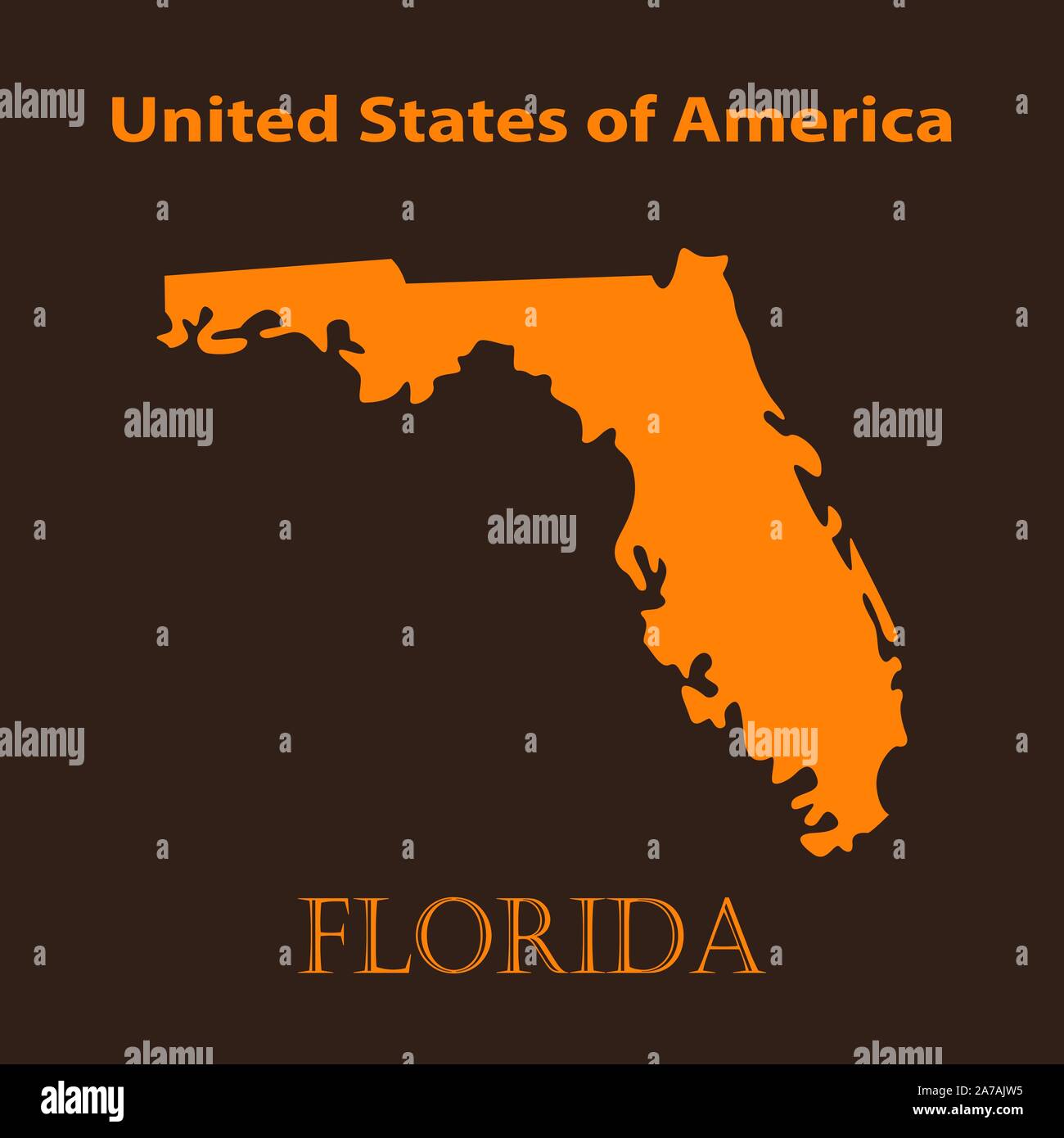 Arancio Florida mappa - illustrazione vettoriale. Piatto semplice mappa della Florida su uno sfondo di colore marrone. Illustrazione Vettoriale