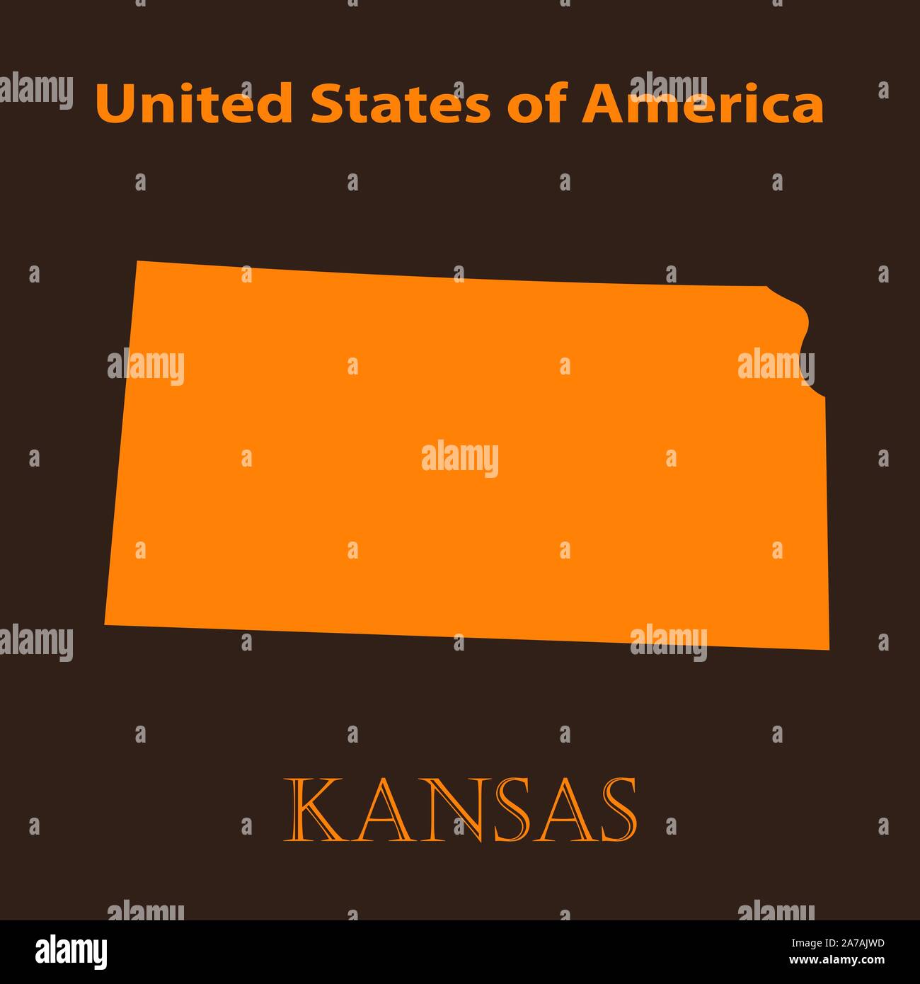 Orange Kansas mappa - illustrazione vettoriale. Semplice piatto mappa di Kansas su uno sfondo di colore marrone. Illustrazione Vettoriale