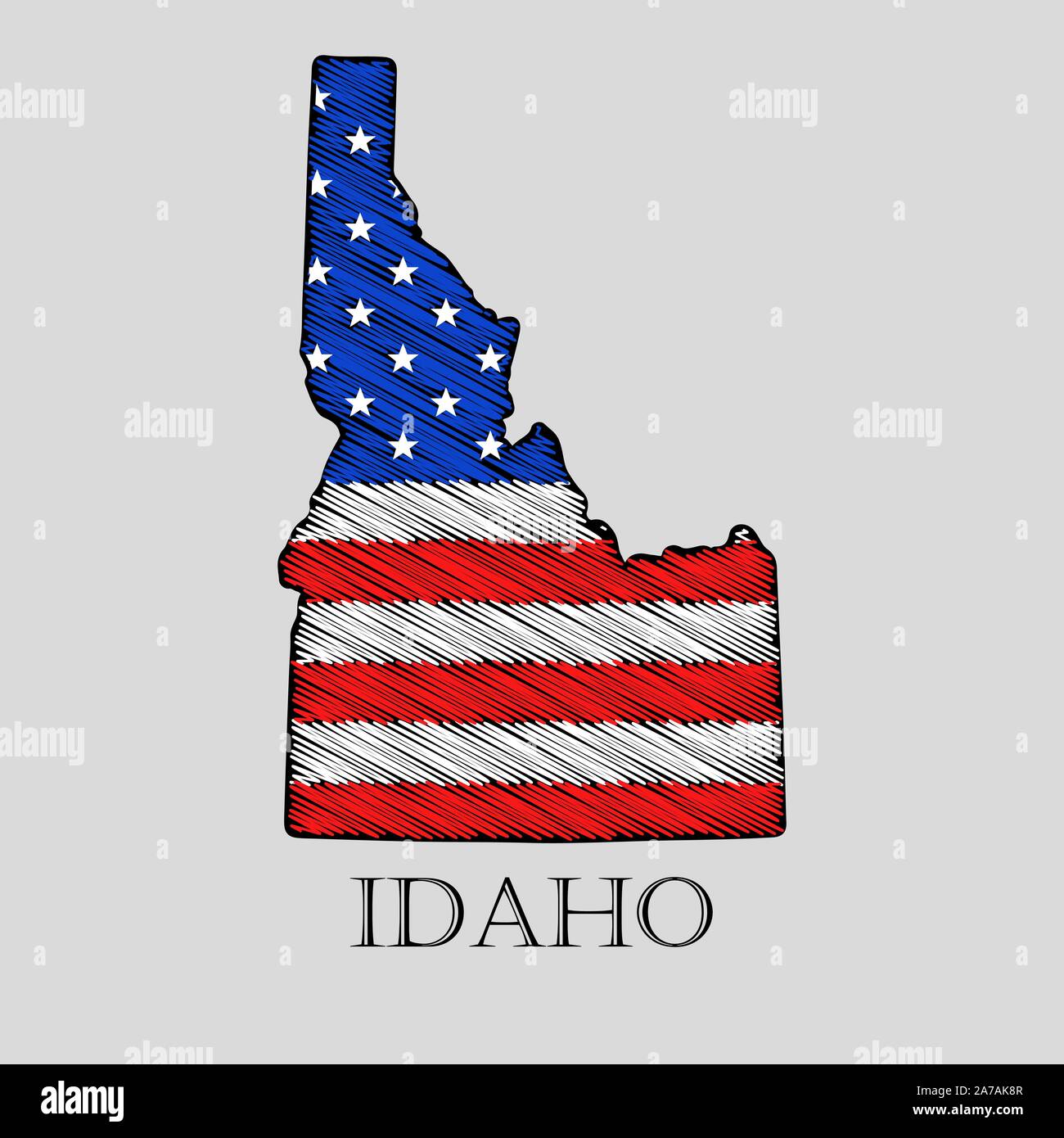 Membro Idaho in stile scribble - illustrazione vettoriale. Abstract mappa piatta di Idaho con l imposizione di noi bandiera. Illustrazione Vettoriale