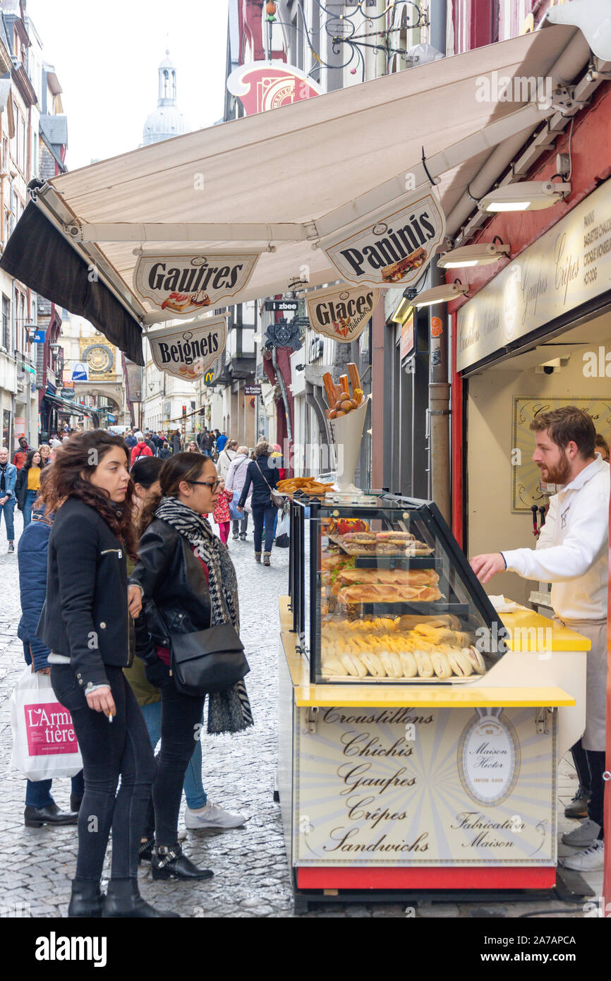 Crêpe e di stallo a sandwich, Rue de Gros-Horloge, Rouen, Normandia, Francia Foto Stock