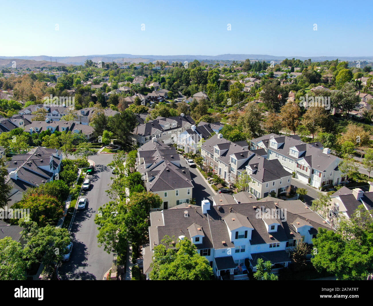 Vista aerea del master-comunitaria prevista e il censimento-designato Ladera Ranch, South Orange County, California. Su larga scala di quartiere residenziale Foto Stock