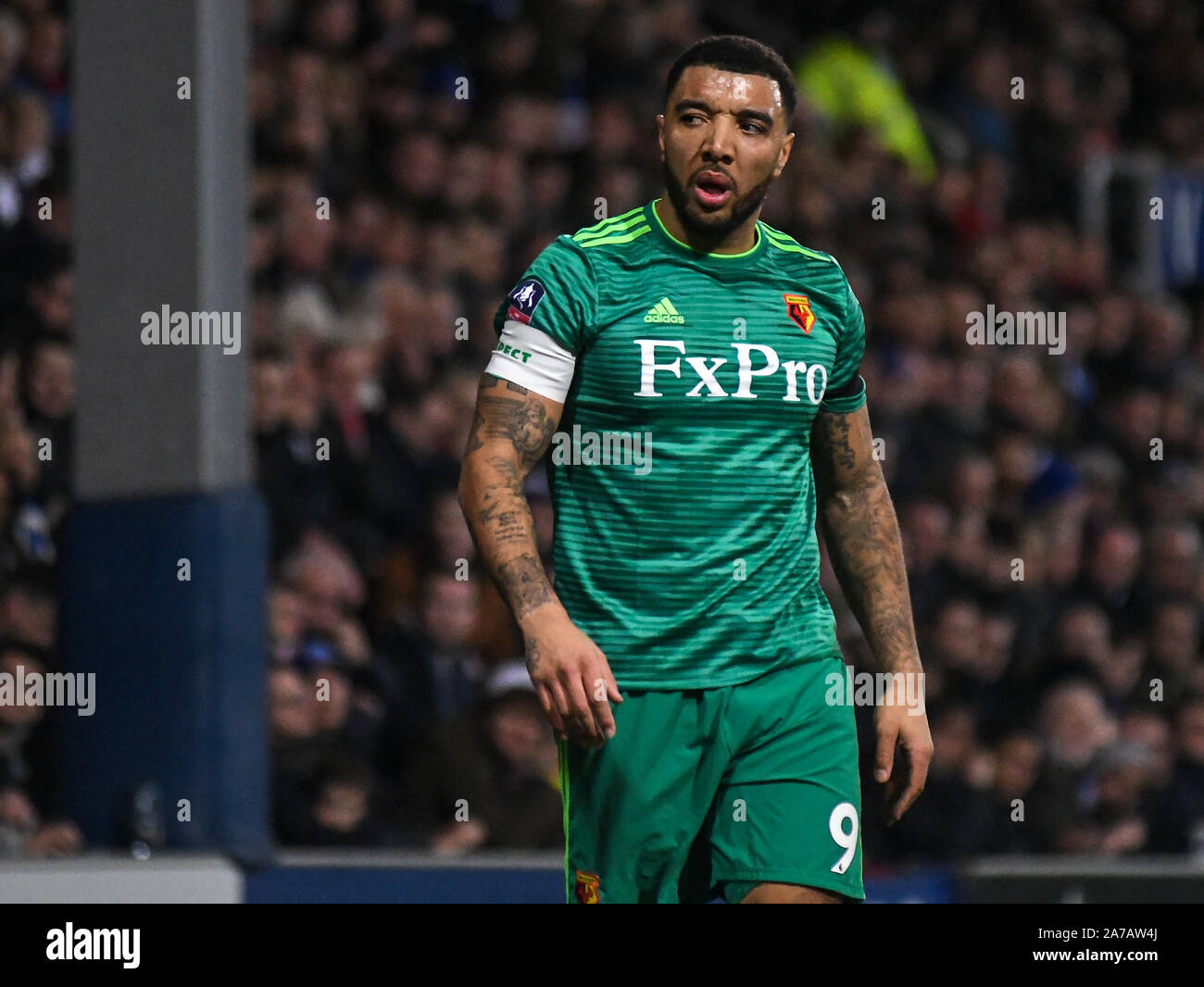 Londra, Inghilterra - 15 febbraio 2019: Troy Deeney di Watford mostrato durante il 2018/19 FA Cup quinto round gioco tra il Queens Park Rangers FC e Watford FC a Loftus Road Stadium. Foto Stock