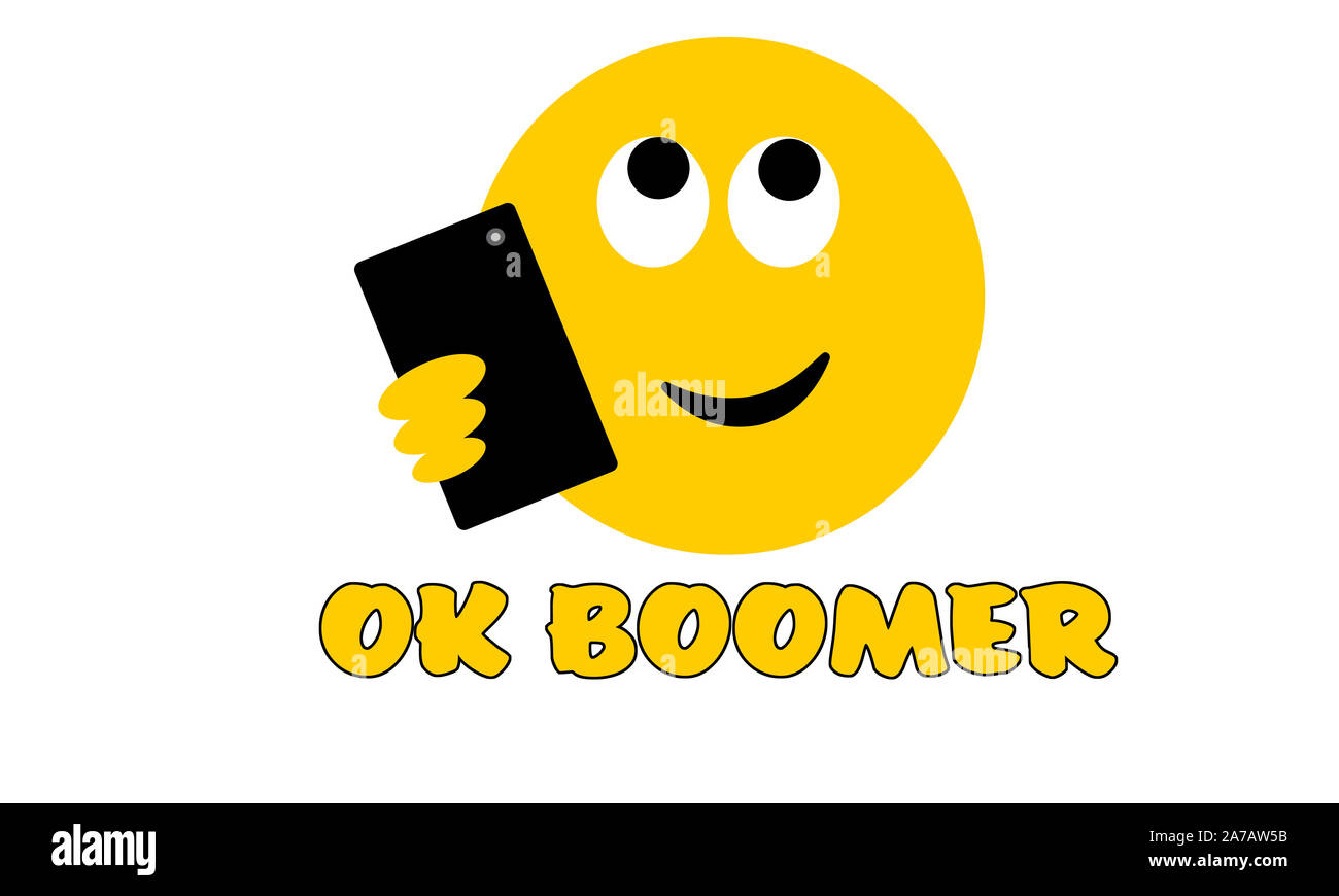 La laminazione Selfie occhi occhiali da sole di fronte gli Emoji con OK Testo Boomer, generazione z versi baby boomer social media espressione e meme Foto Stock