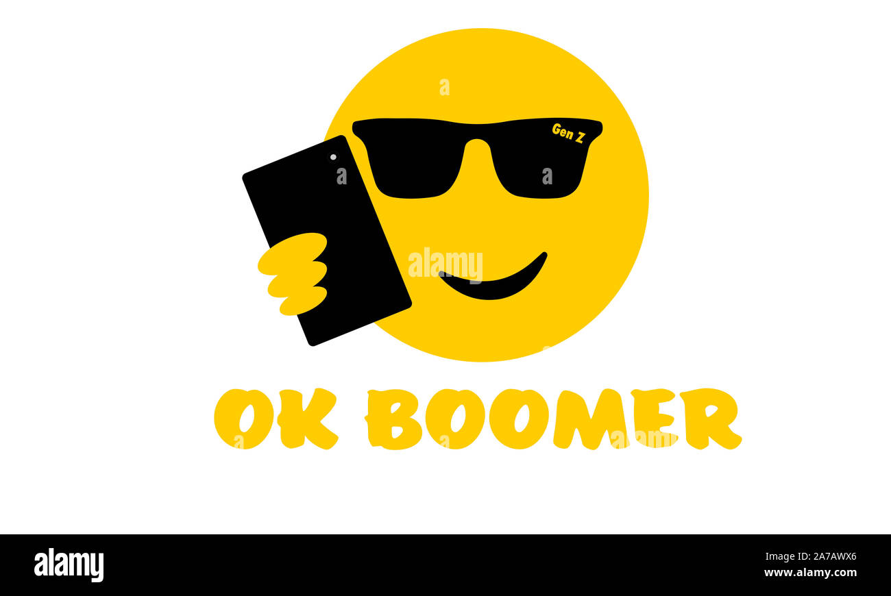 Occhiali da sole Selfie faccia gli Emoji con OK Testo Boomer, generazione z versi baby boomer social media espressione e meme Foto Stock