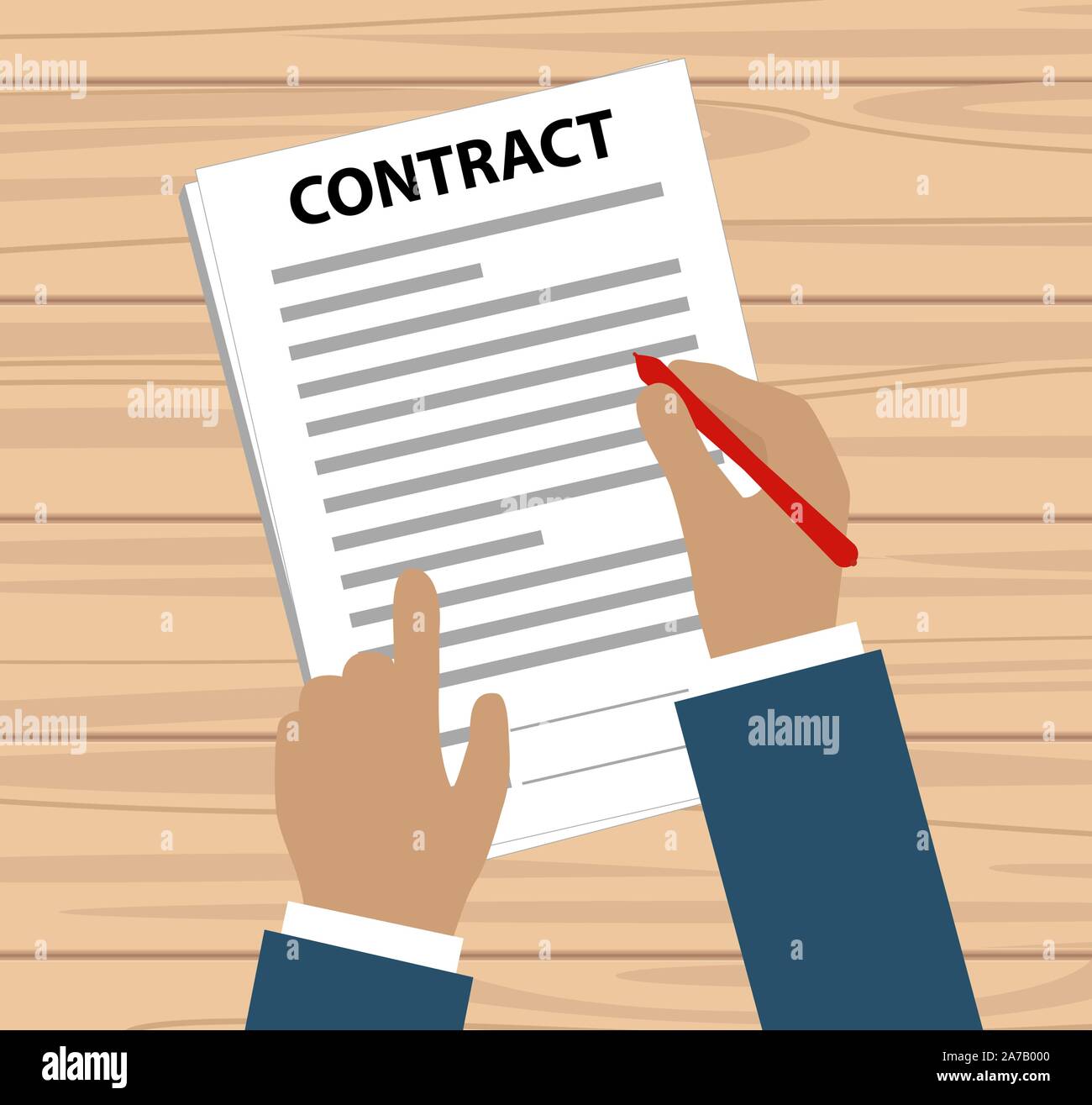 Mano con penna rossa con la firma di un contratto - vettore raggruppate e facile da modificare Illustrazione Vettoriale