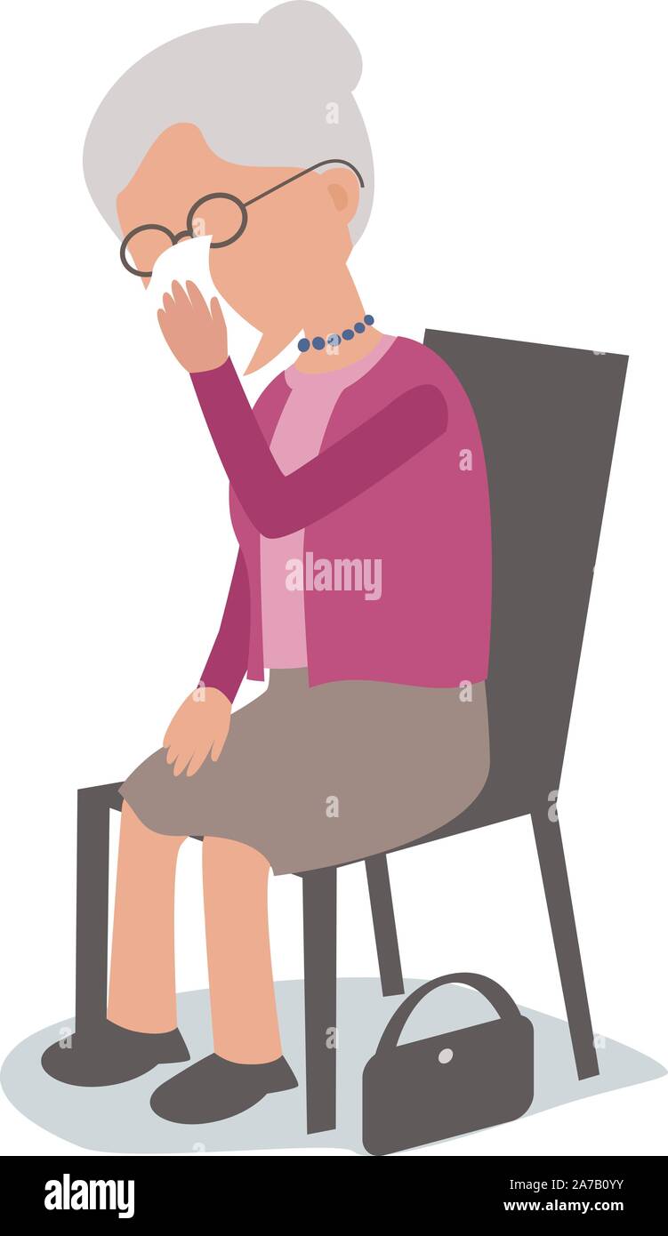 Triste anziani soli donna seduta su una sedia di piangere - caratteri vettoriali parti del corpo raggruppato e facile modificare - tavolozza limitata Illustrazione Vettoriale