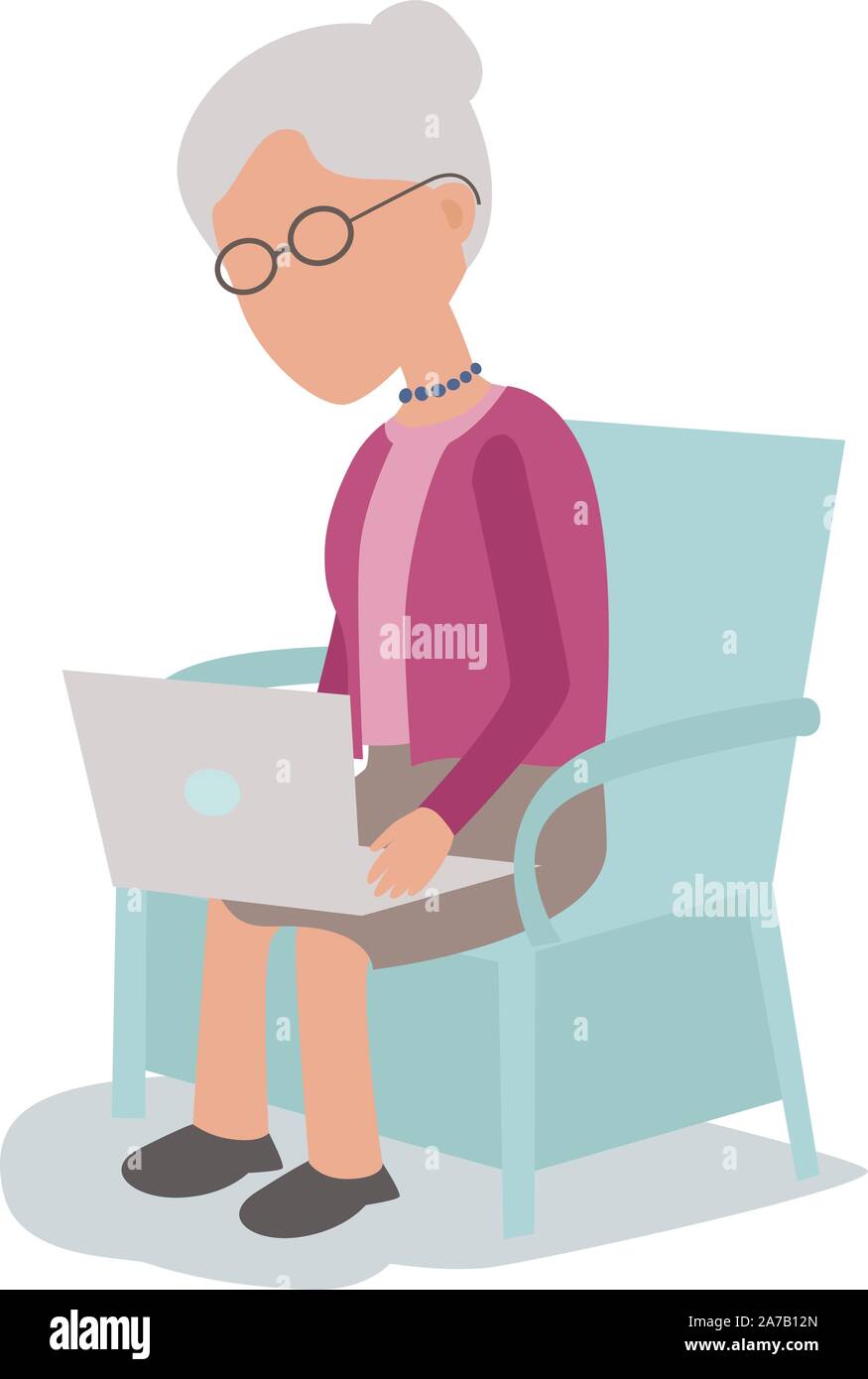Clever computer savvy donna anziana seduti in poltrona con Laptop - caratteri vettoriali parti del corpo raggruppato e facile modificare - tavolozza limitata Illustrazione Vettoriale