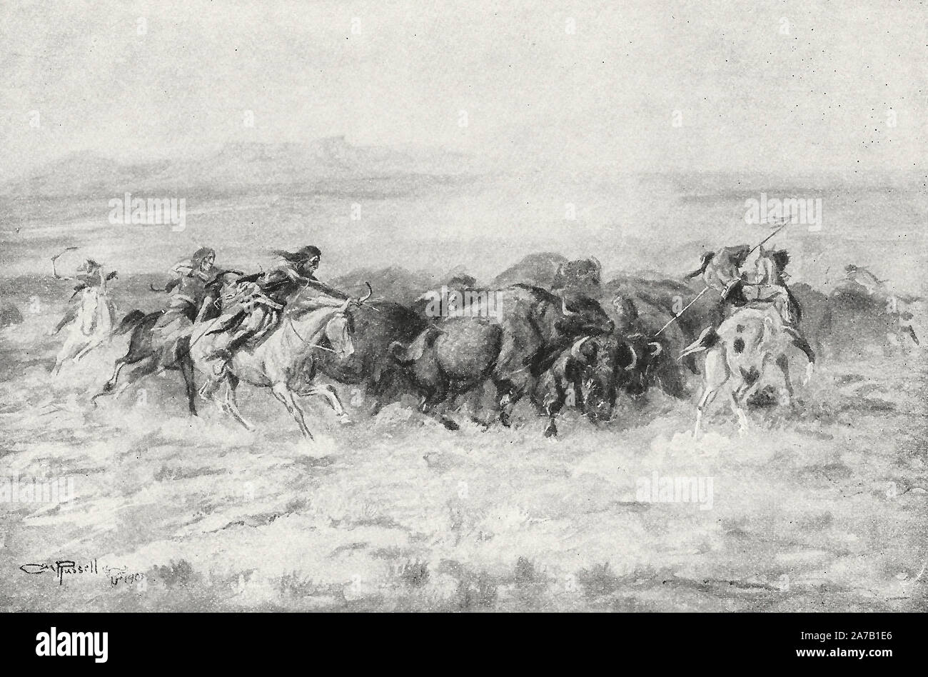 Gli indiani a caccia del Bison - la prua e la freccia è stata efficace in tale caccia, la freccia penetrando con grande forza Foto Stock