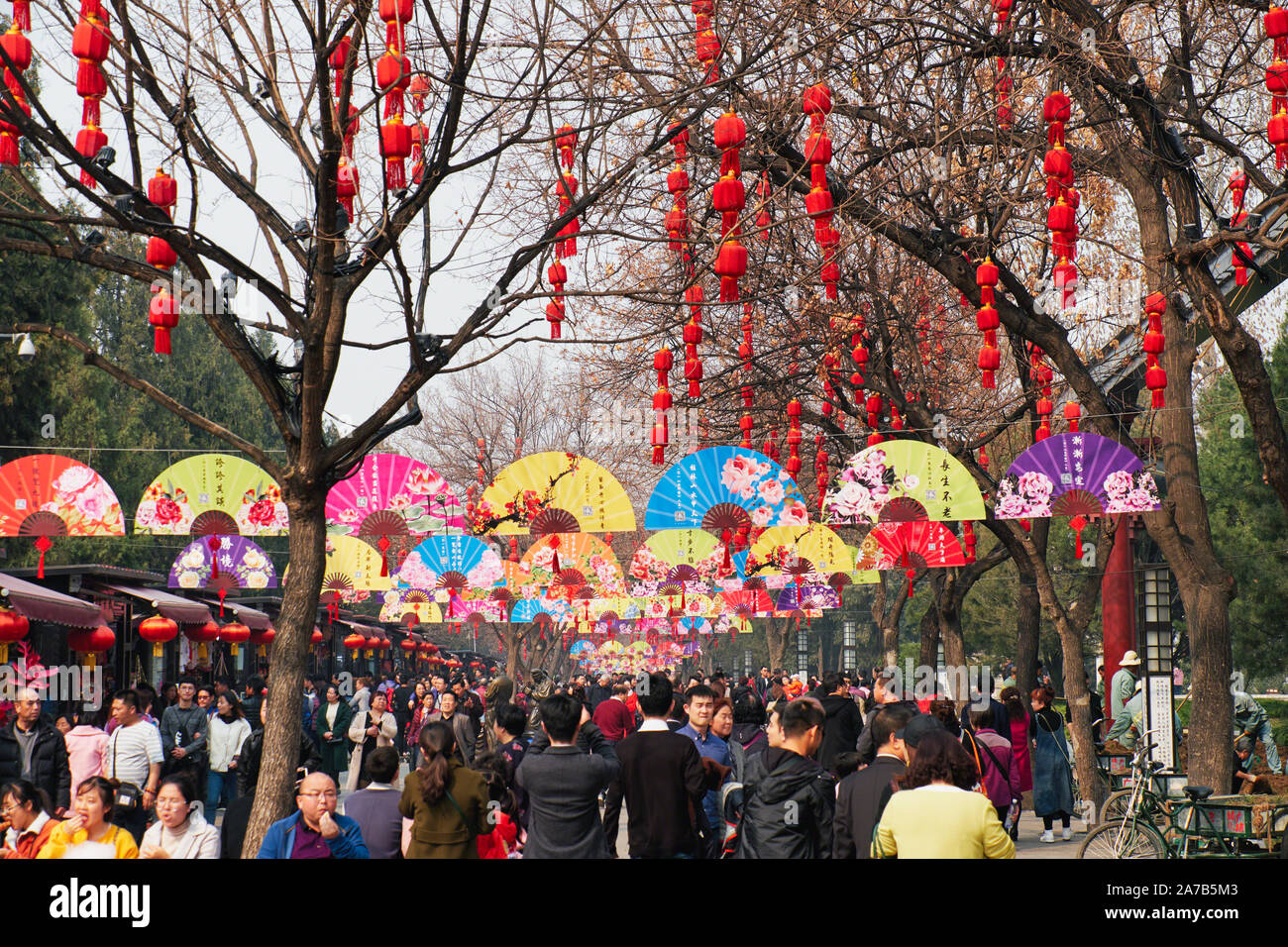 Persone su una strada decorata per celebrare il nuovo anno cinese, Xi'an, Shaanxi, Cina Foto Stock