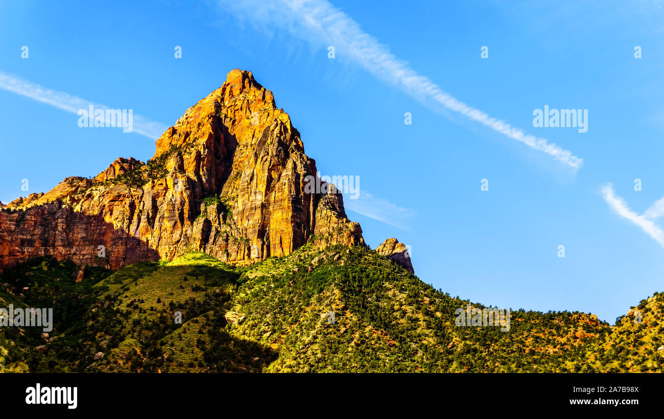 Sunrise oltre la sentinella picco in Zion National Park nello Utah, Stati Uniti d'America, nel corso di un inizio di mattina escursione sul sentiero di sentinella. Foto Stock