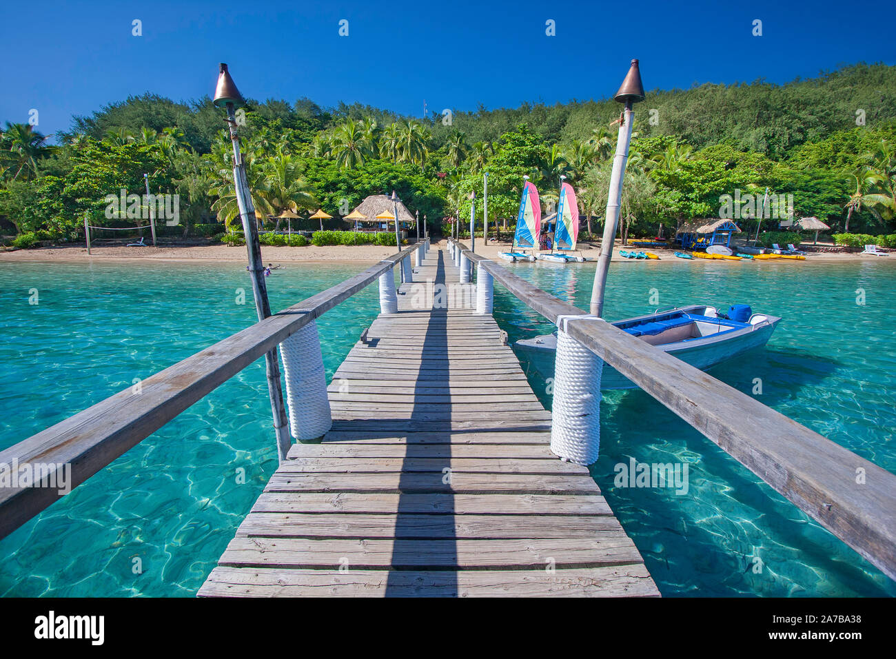 Il punto di vista della zona pranzo a Matava Resort sull'isola di Kadavu, Fiji. Foto Stock
