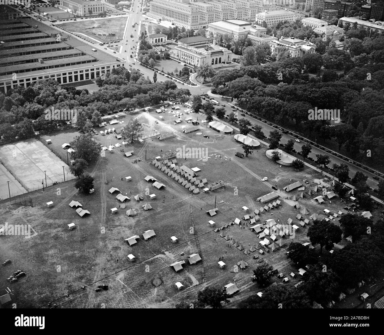 Vista aerea del Boy Scout Jamboree a Washington D.C. ca. 1937 Foto Stock