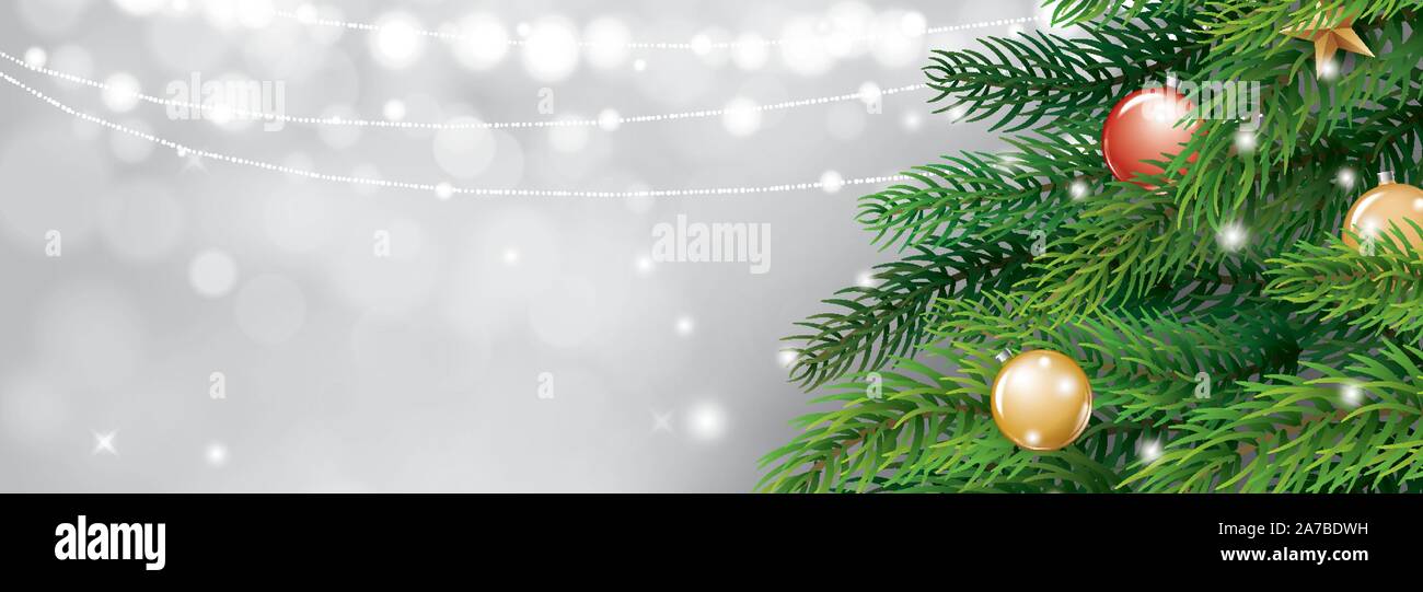 Albero di natale e la sfocatura bokeh sfondo delle luci. Natale e felice anno nuovo. Illustrazione Vettoriale per biglietto di auguri, coperchio, banner, modello di intestazione. Illustrazione Vettoriale