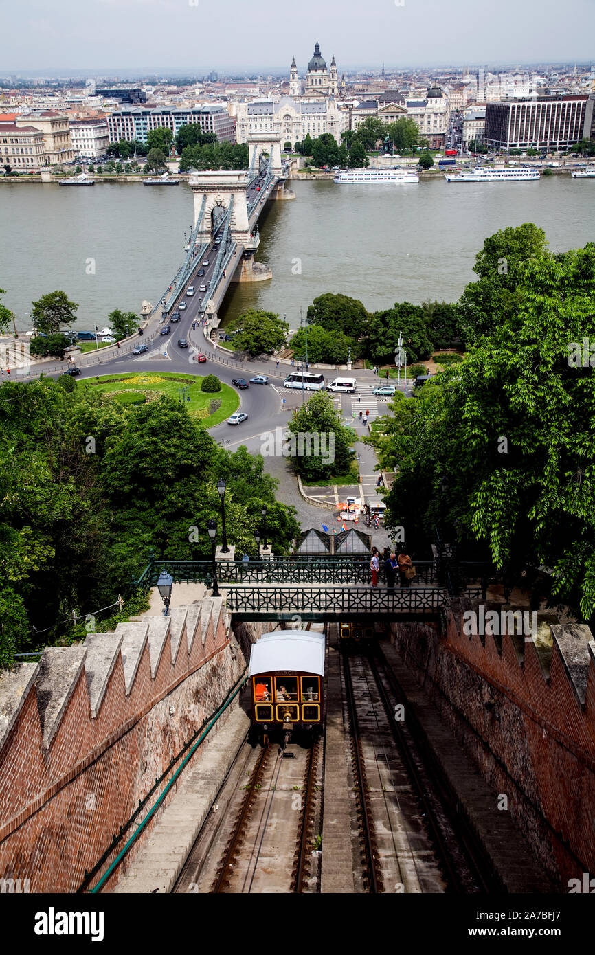 La funicolare (Siklo) che conduce fino alla Collina del Castello (Varhegy) nel quartiere Buda di Budapest. Foto Stock