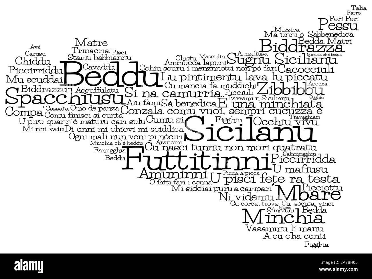Mappa della Sicilia realizzata dal siciliano parole gergali in formato vettoriale. Illustrazione Vettoriale