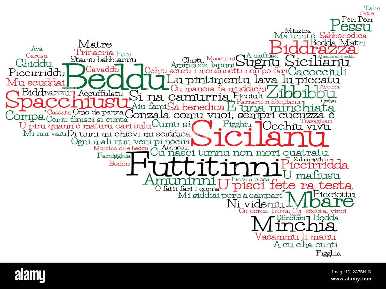 Mappa della Sicilia realizzata dal siciliano parole gergali in formato vettoriale. Illustrazione Vettoriale