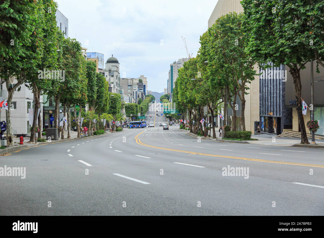 SEoul, Corea del Sud. Apgucheong-ro, come noto come K Road nel quartiere cheongdamdog, la zona popolata da alto reddito individui una sistemazione di negozi. Foto Stock