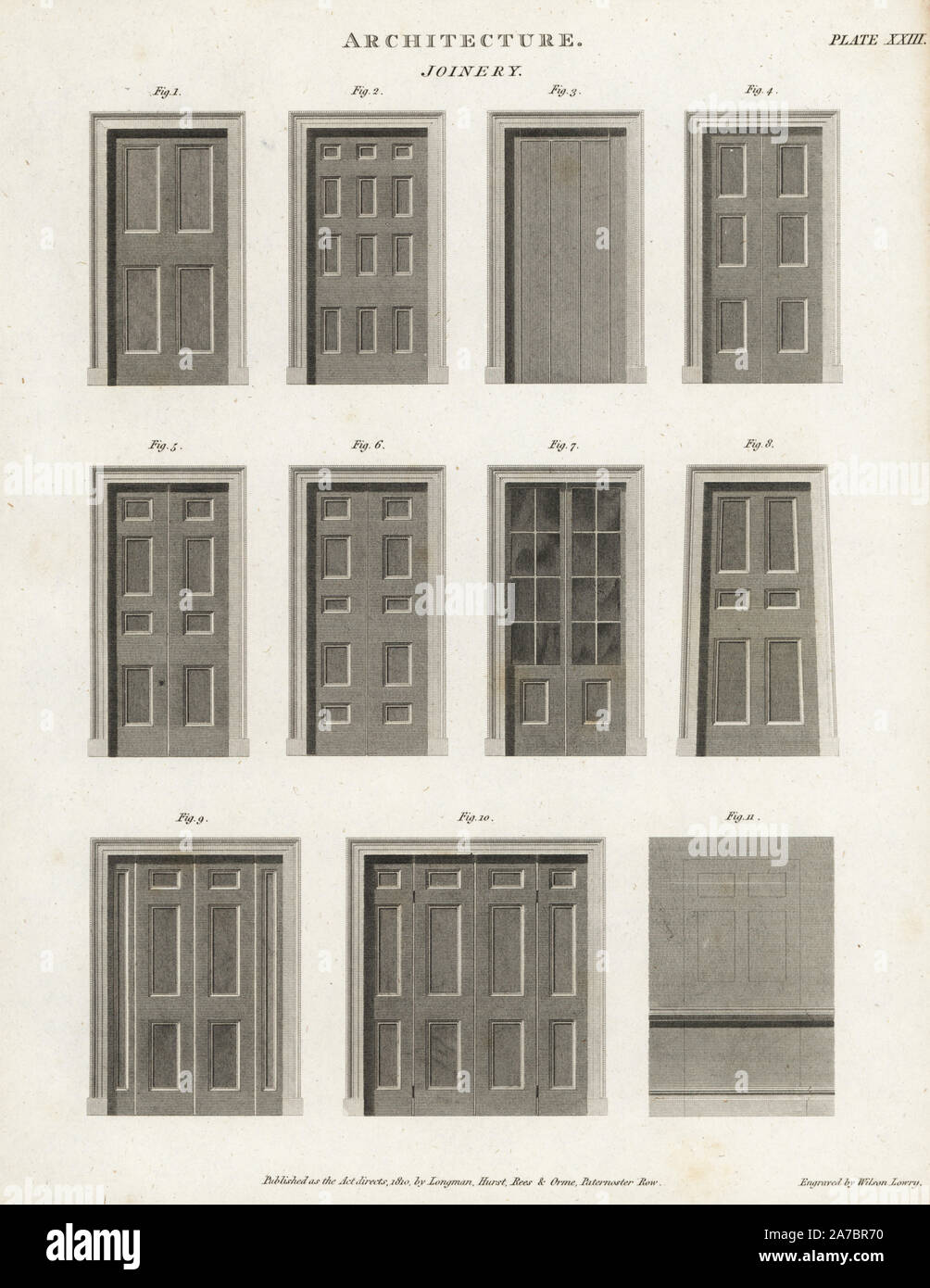 Esempi di falegnameria, porte in legno e finestre. Incisione su rame da Wilson Lowry da Abramo Rees' dell'enciclopedia o dizionario universale delle arti, scienze e letteratura, Longman, Hurst, Rees, Orme e marrone, Londra, 1820. Foto Stock