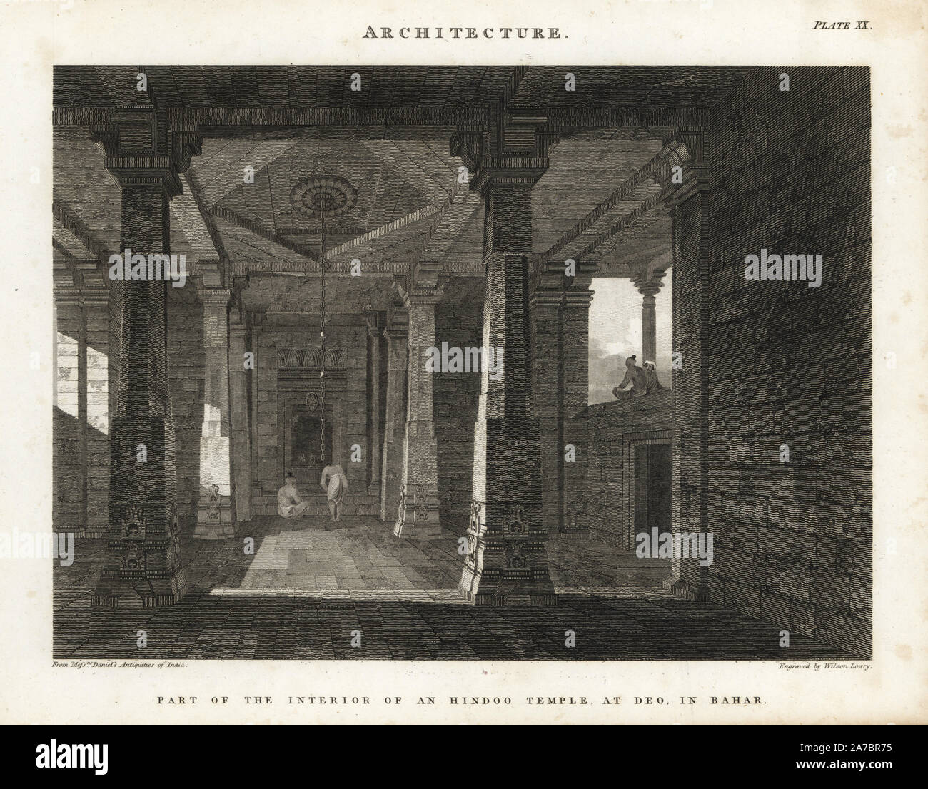 Una parte della parte interna di un tempio indù a Deo in Bahar. Incisione su rame da Wilson Lowry da Abramo Rees' dell'enciclopedia o dizionario universale delle arti, scienze e letteratura, Longman, Hurst, Rees, Orme e marrone, Londra, 1820. Copiate da una illustrazione in sigg. Daniel's antichità di India. Foto Stock