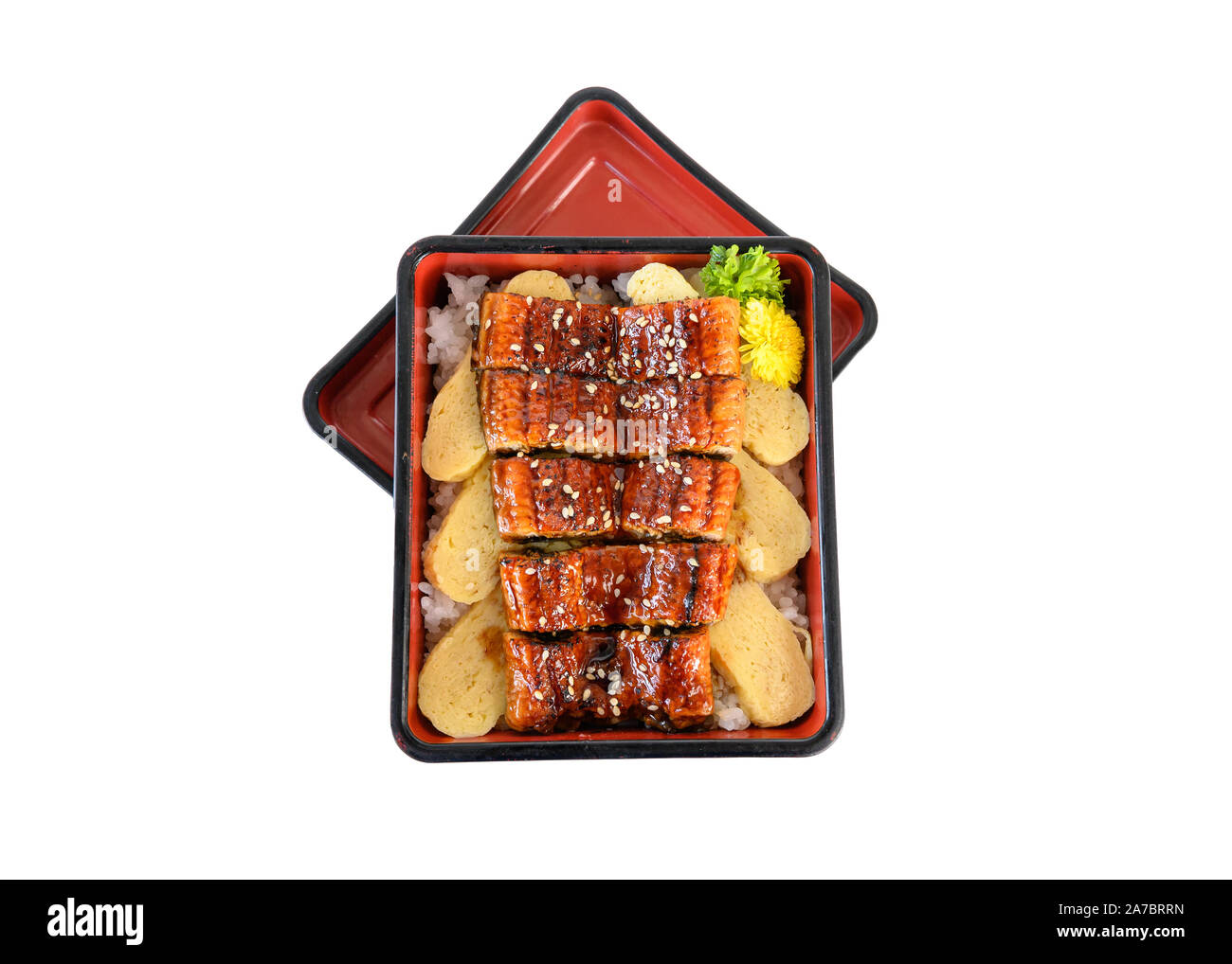 Unagi don o giapponese ell alla griglia con salsa di kabayaki e tamago nella casella di Bento Foto Stock