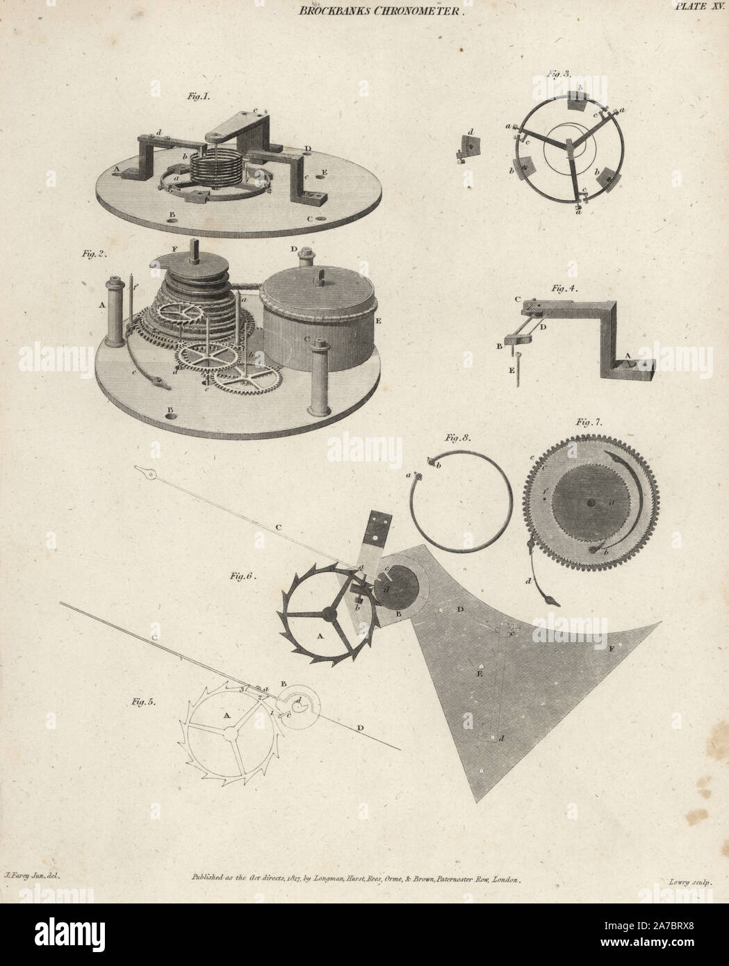 I dettagli del meccanismo di un cronometro realizzato dalla ditta di Giovanni e Myles Brockbank, un famoso orologio Londra maker. Incisione su rame da Wilson Lowry dopo un disegno di J. Farey Jr. da Abramo Rees' dell'enciclopedia o dizionario universale delle arti, scienze e letteratura, Longman, Hurst, Rees, Orme e marrone, Londra, 1820. Foto Stock