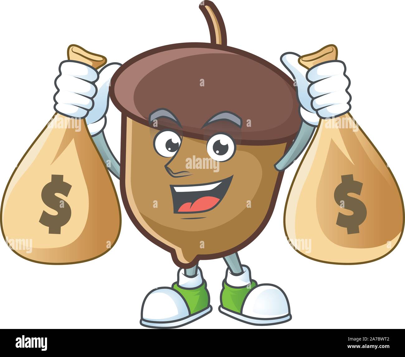 Cartoon acorn seme con azienda denaro sacchetto forma dei caratteri Illustrazione Vettoriale