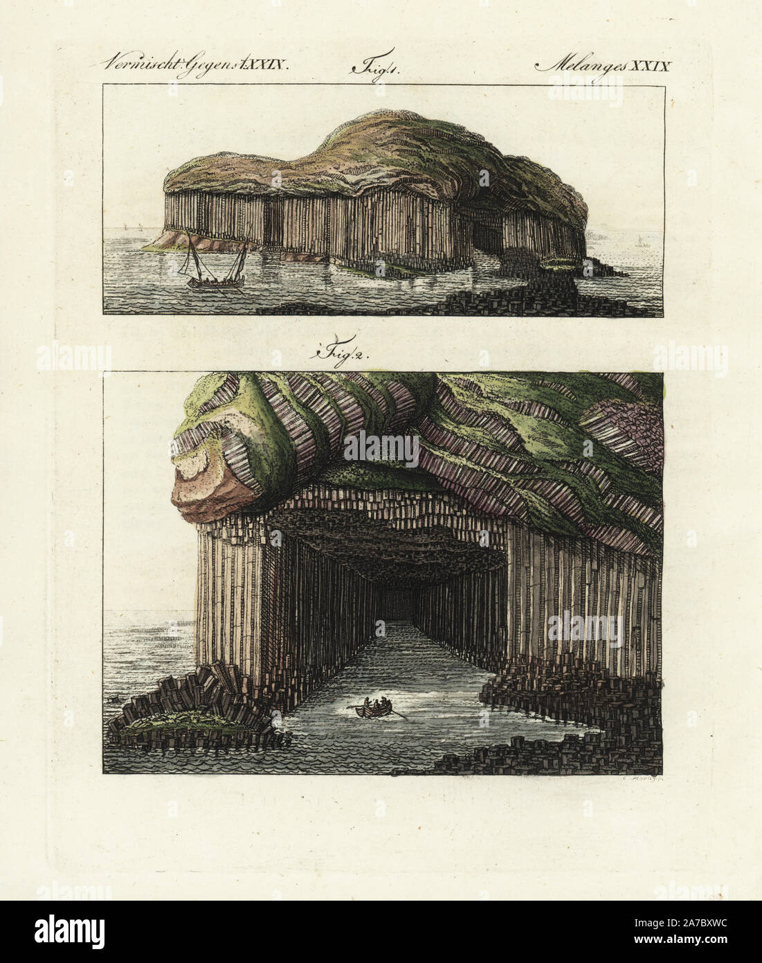 Vista dell'isola di staffa 1, e colonne di basalto all'entrata di Fingal's Cave 2. Handcolored incisione su rame da Bertuch 'Bilderbuch fur Kinder' (Picture Book per bambini), Weimar, 1798. Friedrich Johann Bertuch (1747-1822) era un editore tedesco e l uomo delle arti più famoso per il suo 12-volume enciclopedia per bambini illustrato con 1.200 lastre incise sulla storia naturale, della scienza, costume, mitologia, ecc, pubblicato da 1790-1830. Foto Stock