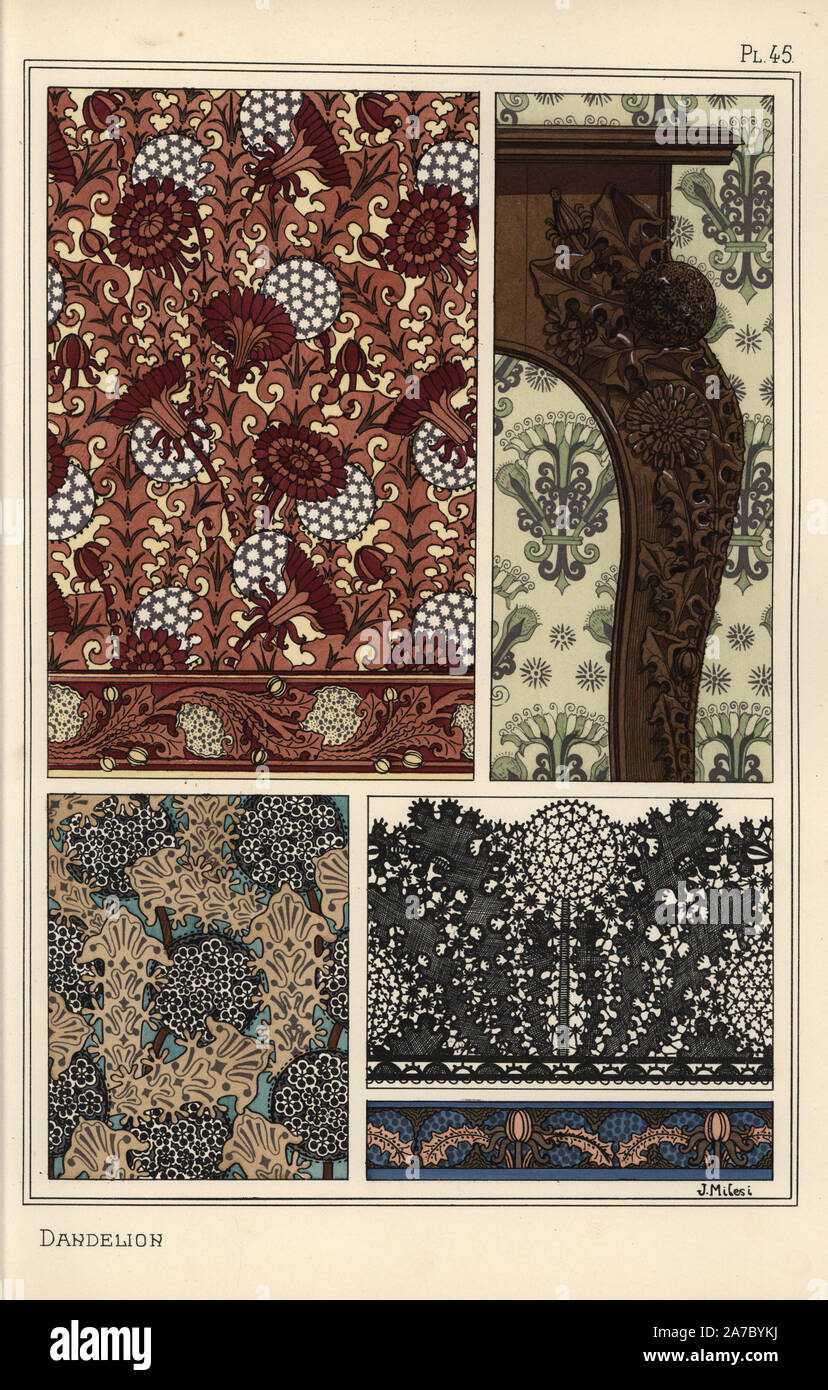 Tarassaco in art nouveau per modelli di mobili di legno intagliato, pizzi e tessuti. Litografia da J. Milesi con pochoir (stencil) handcoloring da Eugene Grasset "Piante e la loro applicazione per ornamento", Parigi, 1897. Eugene Grasset (1841-1917) è stato un artista svizzero il cui design innovativo ispirato "art nouveau" il movimento alla fine del XIX secolo. Foto Stock