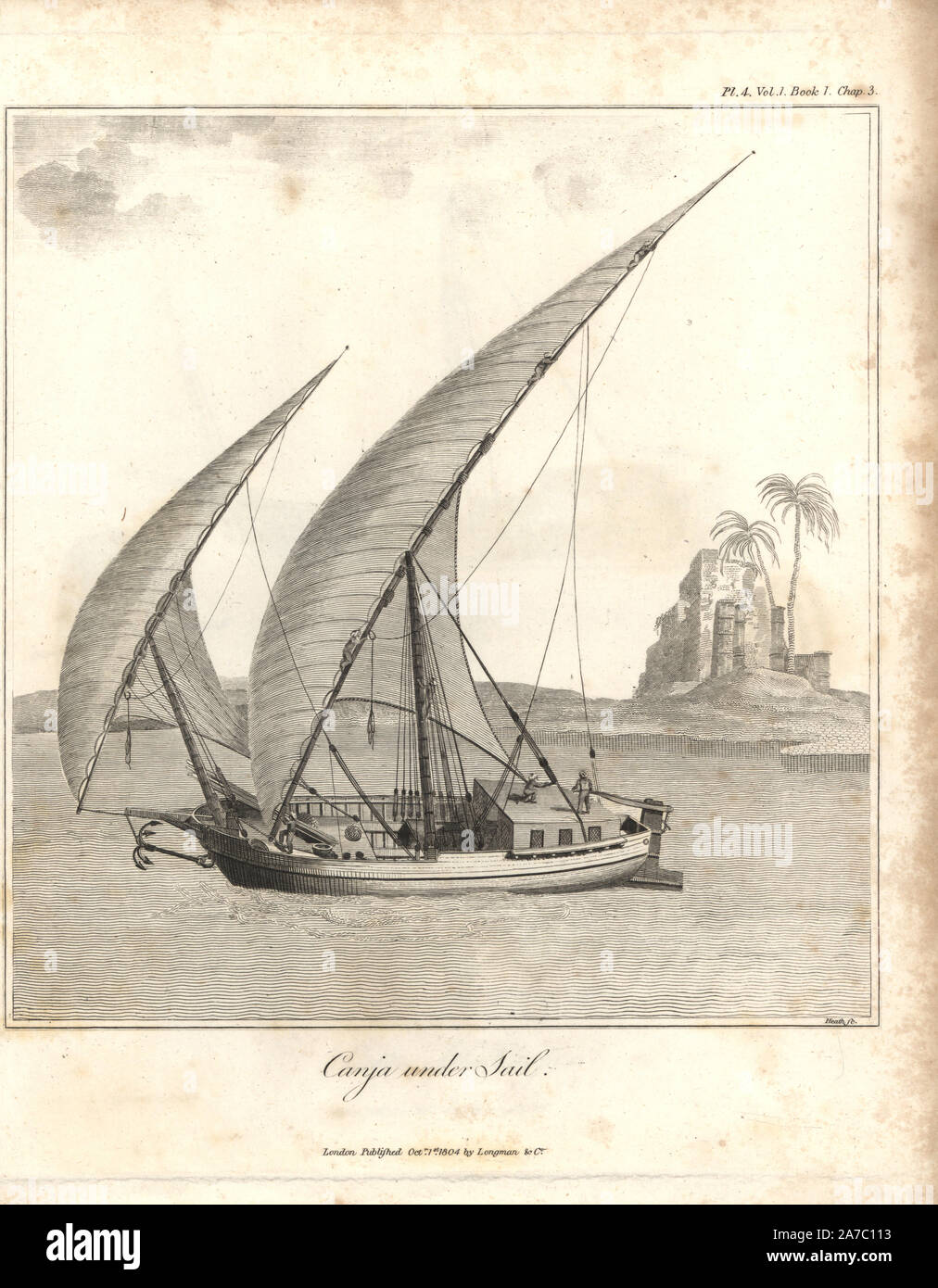 Canja egiziano sotto la vela. Incisione su rame da James Bruce 'Viaggi per scoprire la sorgente del Nilo, negli anni 1768, 1769, 1770, 1771, 1772 e 1773", Londra, 1790. James Bruce (1730-1794) era un esploratore scozzese e scrittore di viaggi che hanno speso più di dodici anni nel Nord Africa e in Etiopia. Incisi da Heath dopo un disegno originale da Bruce. Foto Stock