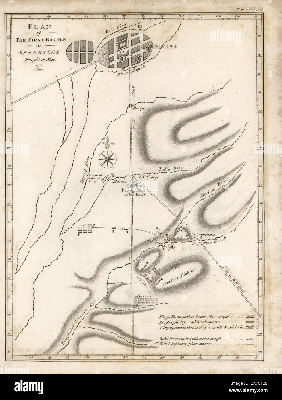 Pianta della prima battaglia di Serbraxos, 16 maggio 1772. Incisione su rame da James Bruce 'Viaggi per scoprire la sorgente del Nilo, negli anni 1768, 1769, 1770, 1771, 1772 e 1773", Londra, 1790. James Bruce (1730-1794) era un esploratore scozzese e scrittore di viaggi che hanno speso più di dodici anni nel Nord Africa e in Etiopia. Incisi da Heath dopo un disegno originale da Bruce. Foto Stock