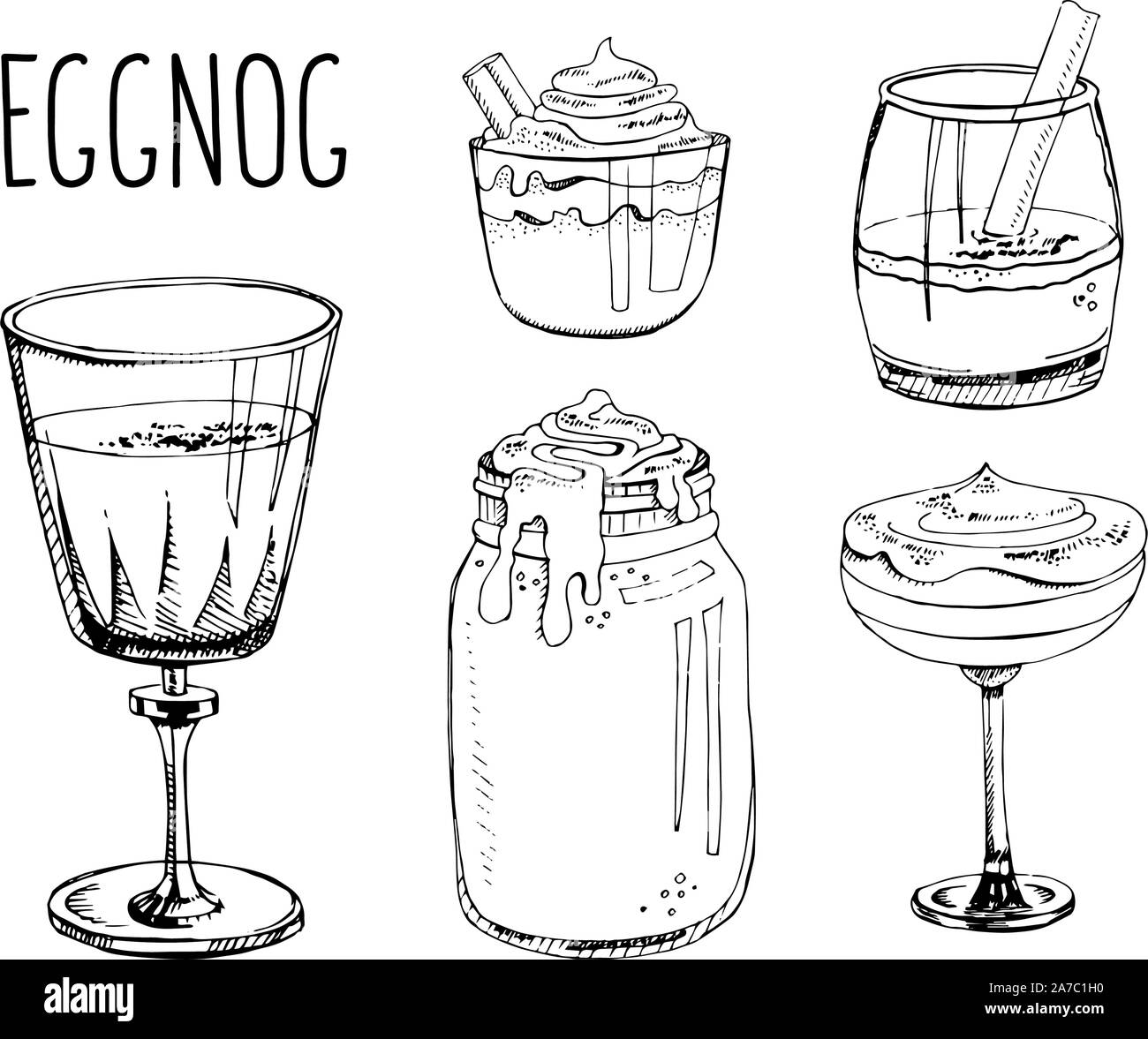 Set di disegnati a mano illustrazioni vettoriali isolato su uno sfondo bianco. Zabaione. Tradizionale Natale bevande, bevande, cocktail. La calligrafia moderna. Illustrazione Vettoriale