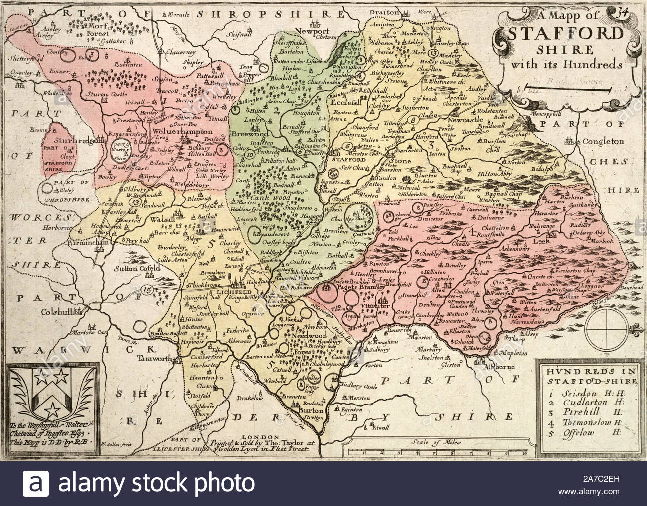 Vintage map di Staffordshire, attacco da incisore boemo Wenceslaus Hollar da 1600s Foto Stock