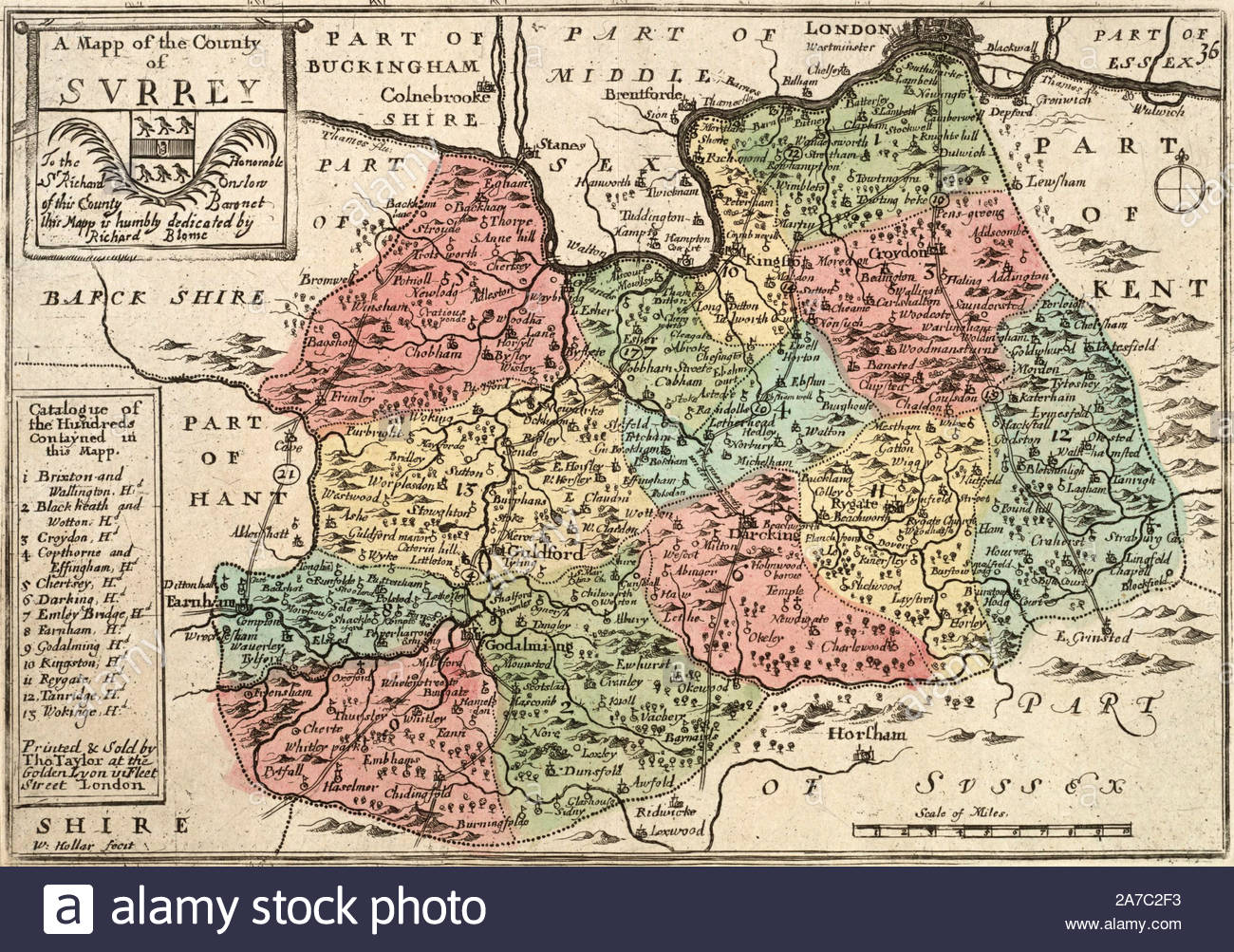 Vintage mappa di Surrey, attacco da incisore boemo Wenceslaus Hollar da 1600s Foto Stock
