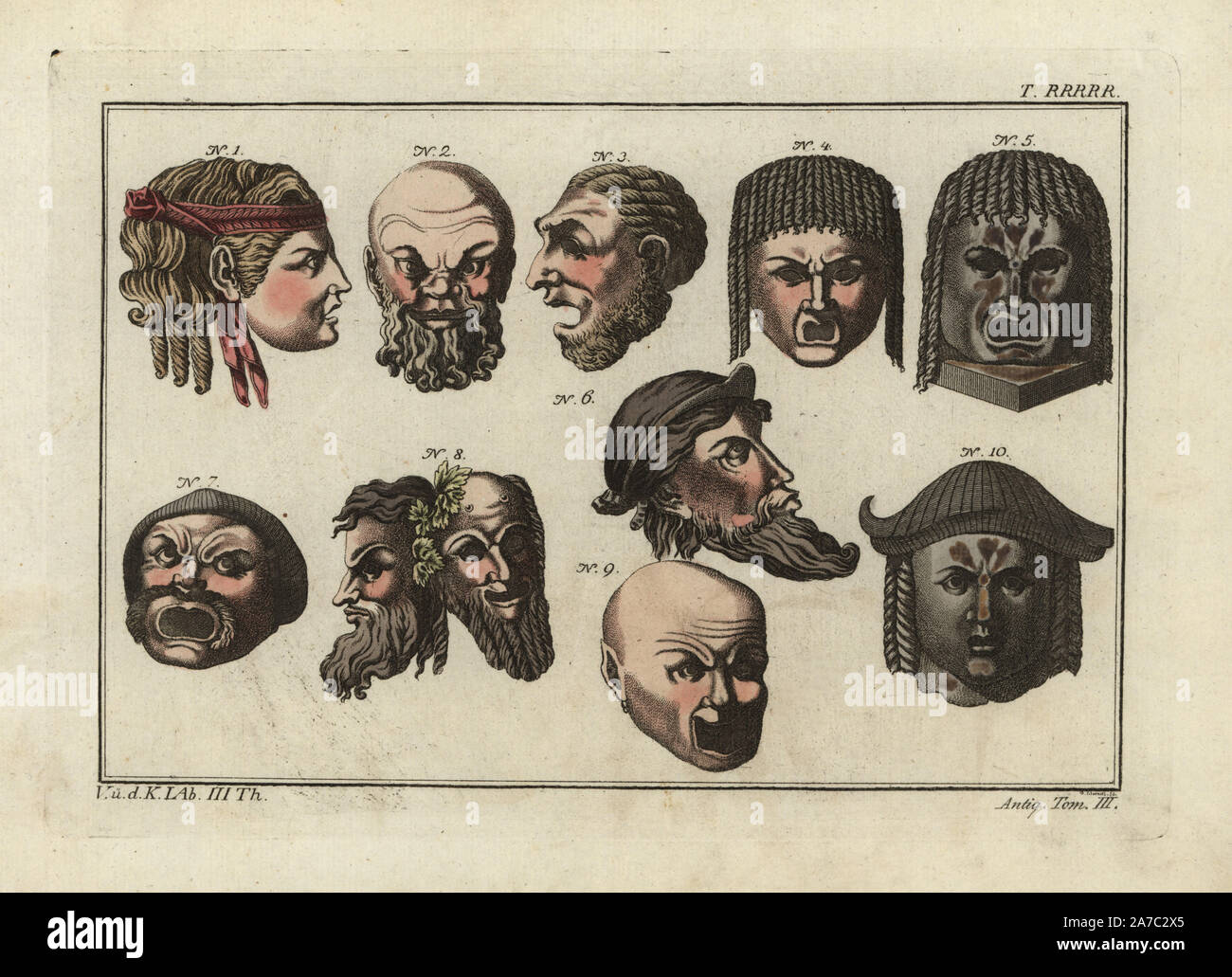 Maschere di silenzia, commedia, la tragedia di due satiri e di un fauno. Handcolored incisione su rame da Paolo Weindl da Robert von Spalart 'quadro storico dei costumi del popolo principale dell'antichità e del Medioevo,' Chez Collignon, Metz, 1810. Foto Stock