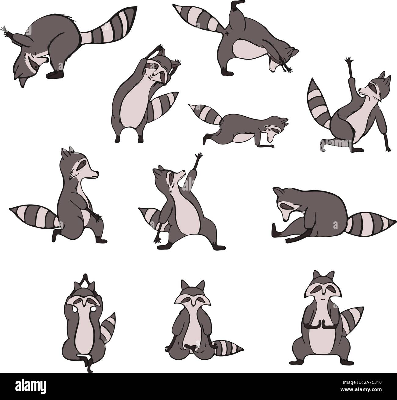 Disegnata a mano raccoon fare yoga. Asana set. Carino wildlife carattere animale fare fitness. Vettore isolato design. Illustrazione Vettoriale