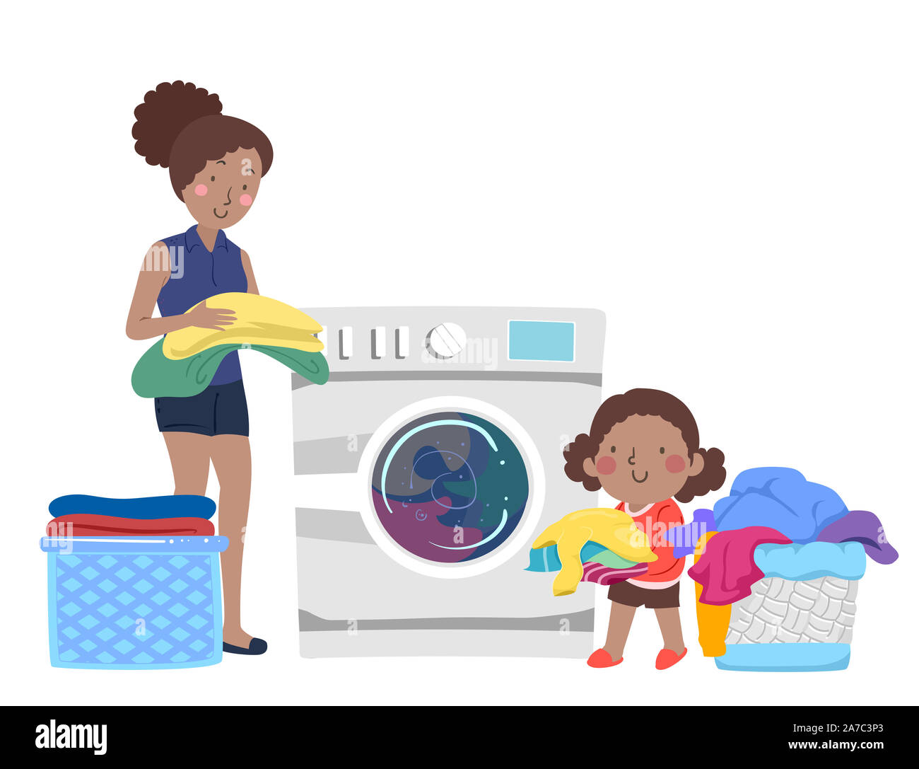 Illustrazione di una ragazza di capretto aiutando la Madre a fare il bucato con ceste piene di vestiti e di una macchina di lavaggio Foto Stock
