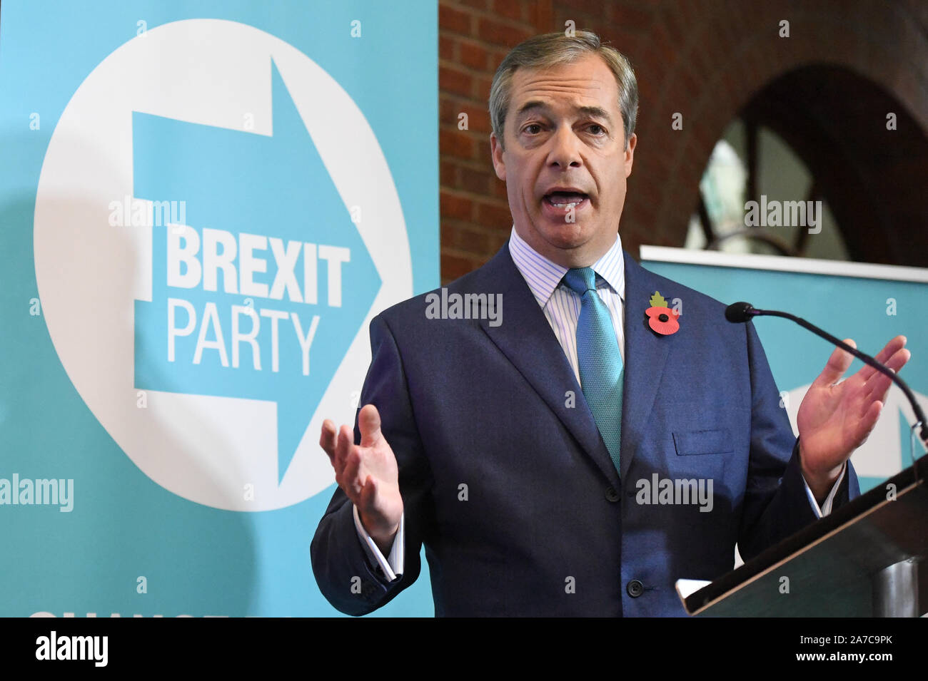 Nigel Farage al Brexit del partito elezioni generali della campagna di lancio presso il Centro Emmanuel in Westminster, Londra. Foto Stock