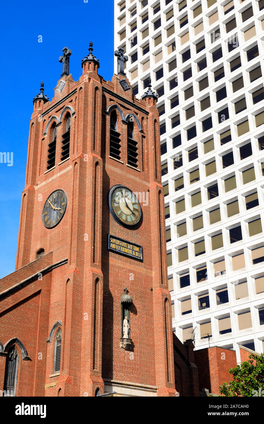 La vecchia cattedrale di Santa Maria dell'Immacolata Concezione con il grattacielo California Street del 600. Chinatown, San Francisco, California, USA Foto Stock