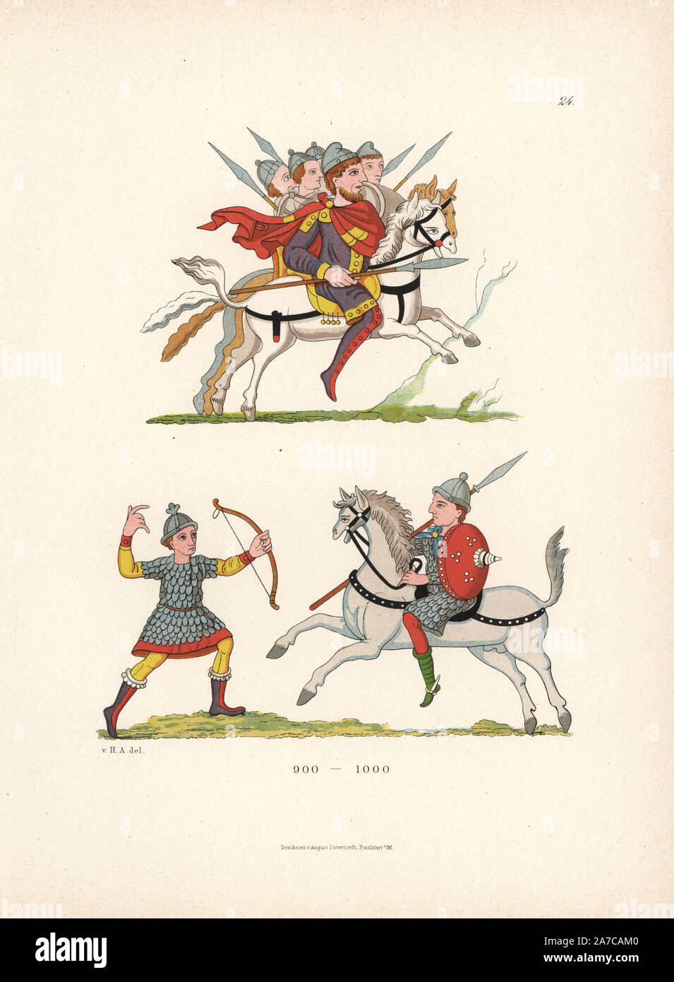 Scene di battaglia a partire dal decimo secolo, da un salterio illuminato su pergamena in libreria di Stoccarda. Chromolithograph da Hefner-Alteneck 'costumi, opere d arte e di apparecchi dal Medioevo al XVII secolo", Francoforte, 1879. Illustrazione dal dottor Jakob Heinrich von Hefner-Alteneck e pubblicato da Heinrich Keller. Hefner-Alteneck (1811 - 1903) era un museo tedesco curatore, archeologo, storico dell'arte, illustratore e incisore. Foto Stock