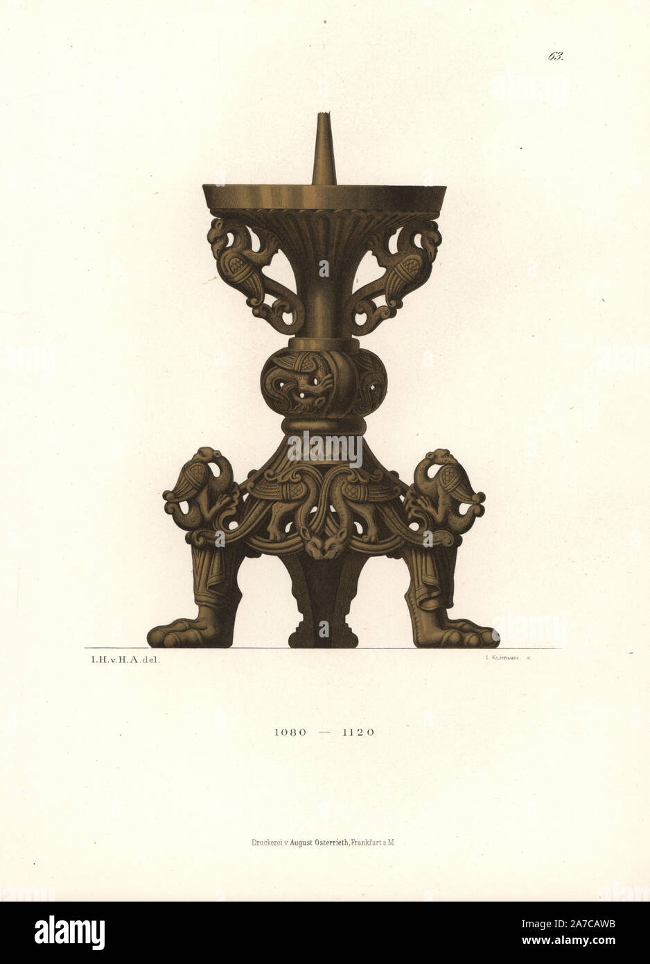 Candeliere in rame dorato dal Museo della Baviera, fine del XI secolo. Chromolithograph da Hefner-Alteneck 'costumi, opere d arte e di apparecchi dal Medioevo al XVII secolo", Francoforte, 1879. Illustrazione dal dottor Jakob Heinrich von Hefner-Alteneck, litografata dallo Joh. Klipphahn, e pubblicato da Heinrich Keller. Hefner-Alteneck (1811 - 1903) era un museo tedesco curatore, archeologo, storico dell'arte, illustratore e incisore. Foto Stock