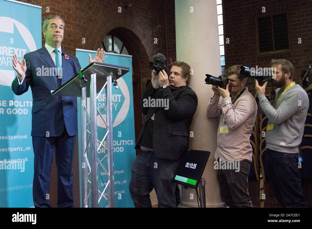 Nigel Farage al Brexit del partito elezioni generali della campagna di lancio presso il Centro Emmanuel in Westminster, Londra. Foto Stock