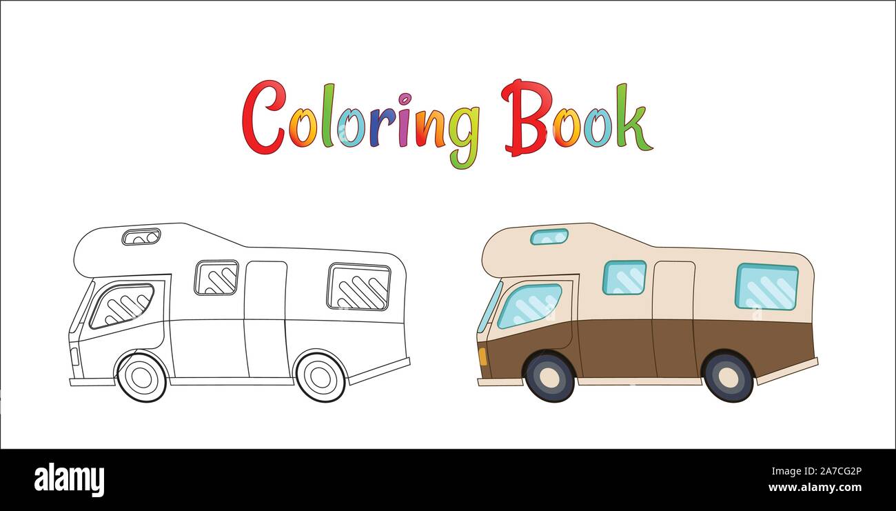 Camping car concetto vettoriale, pagine da colorare per bambini illustrazione vettoriale EPS 10. Illustrazione Vettoriale
